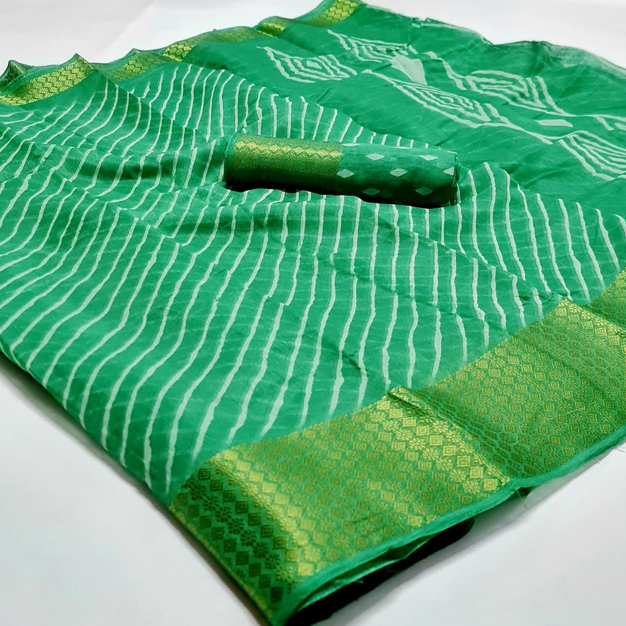 Green Striped Printed Linen Saree