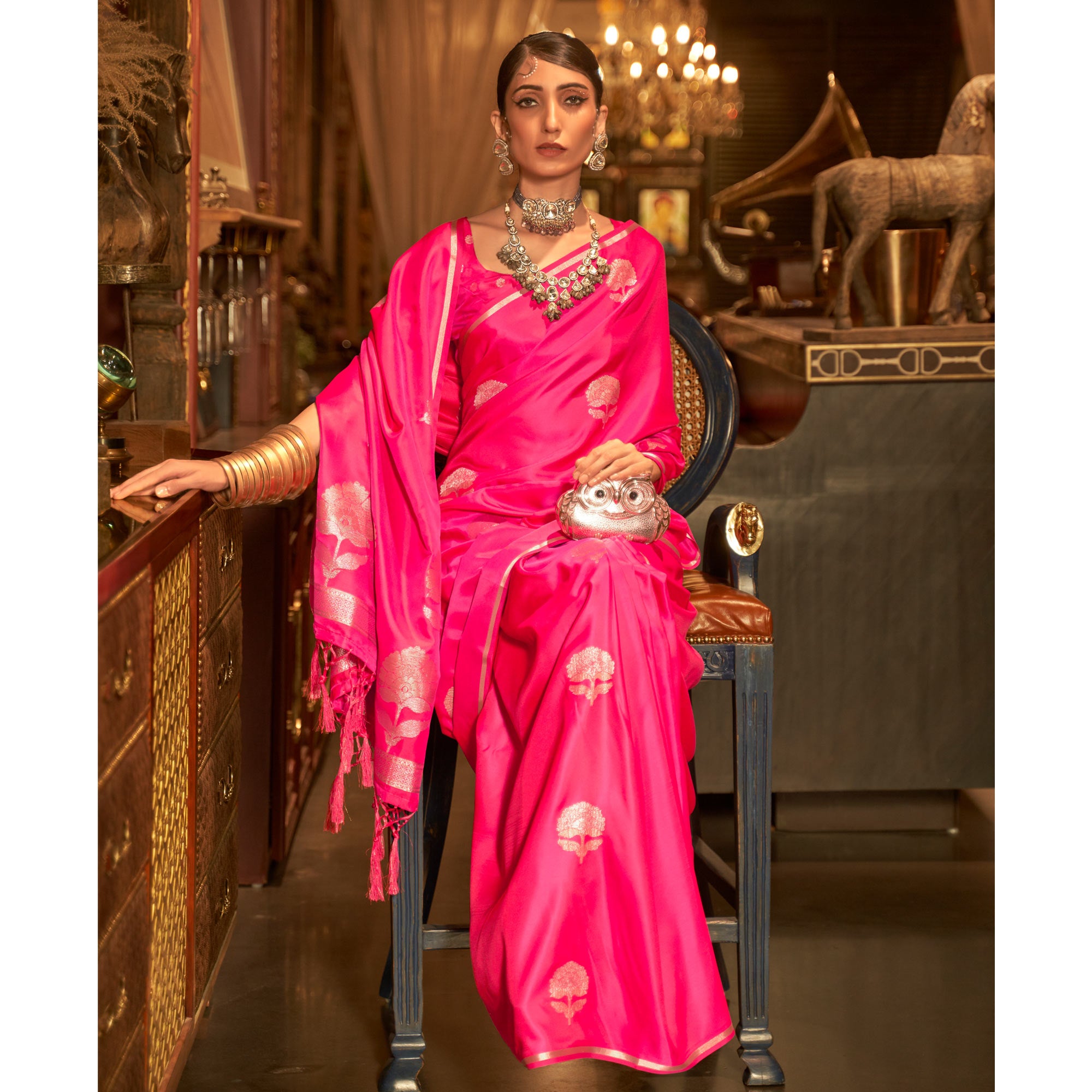 Rose Pink Floral Woven Satin Saree With Tassels