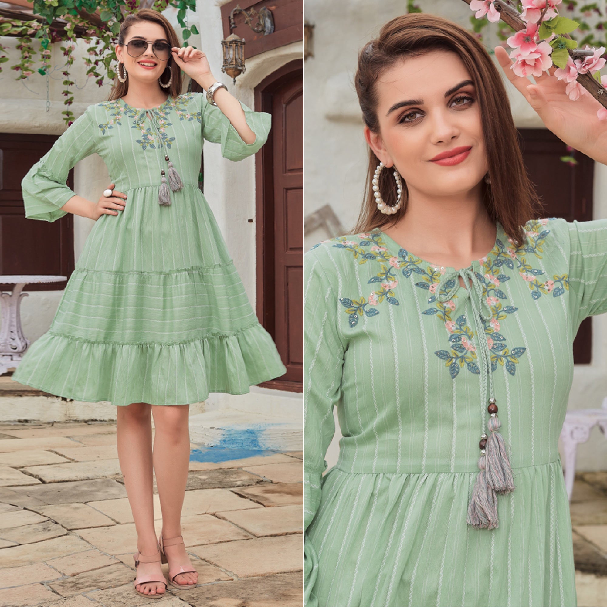 Green Floral Embroidered Rayon Dress