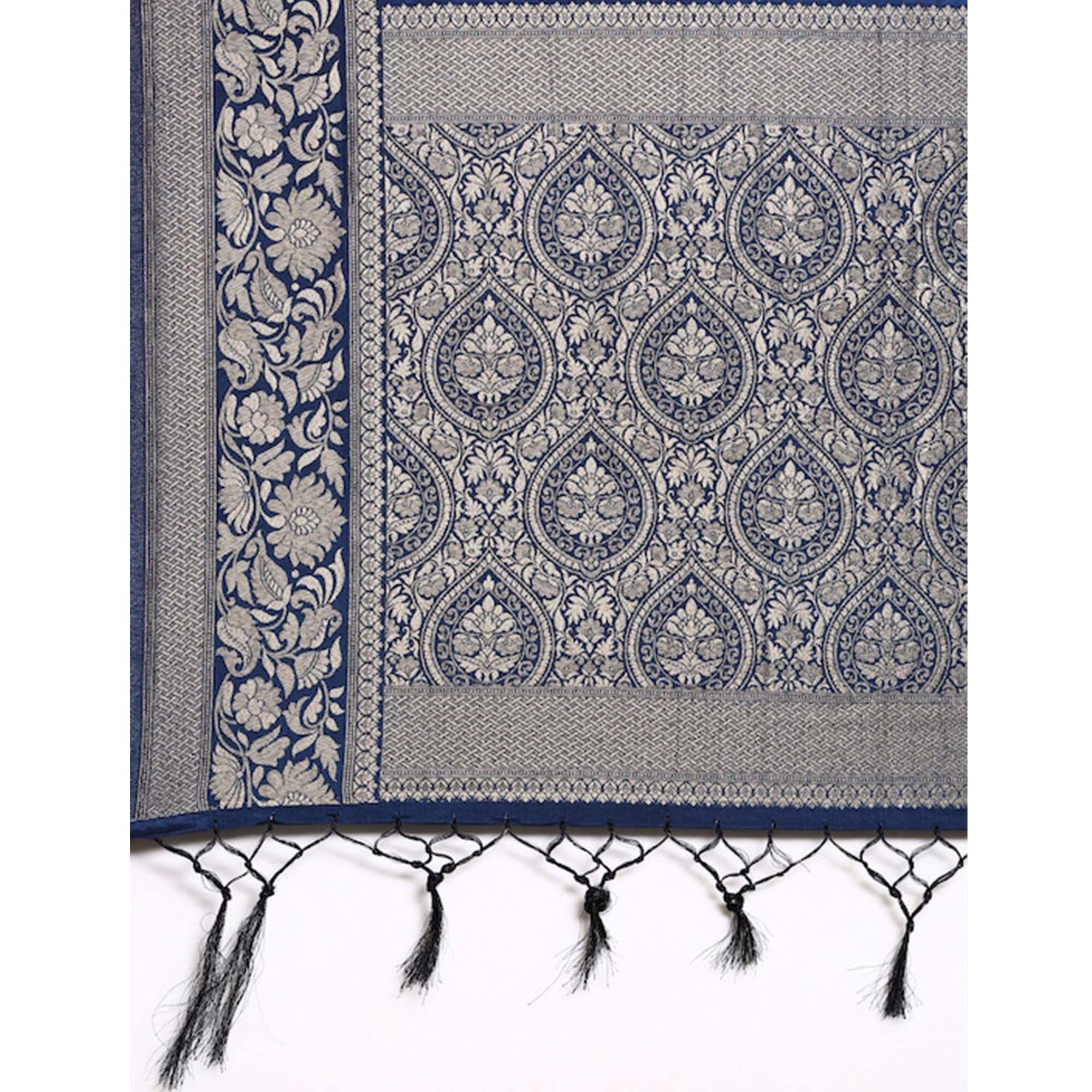 Royal Blue Woven Kanjivaram Silk Saree WithTassels