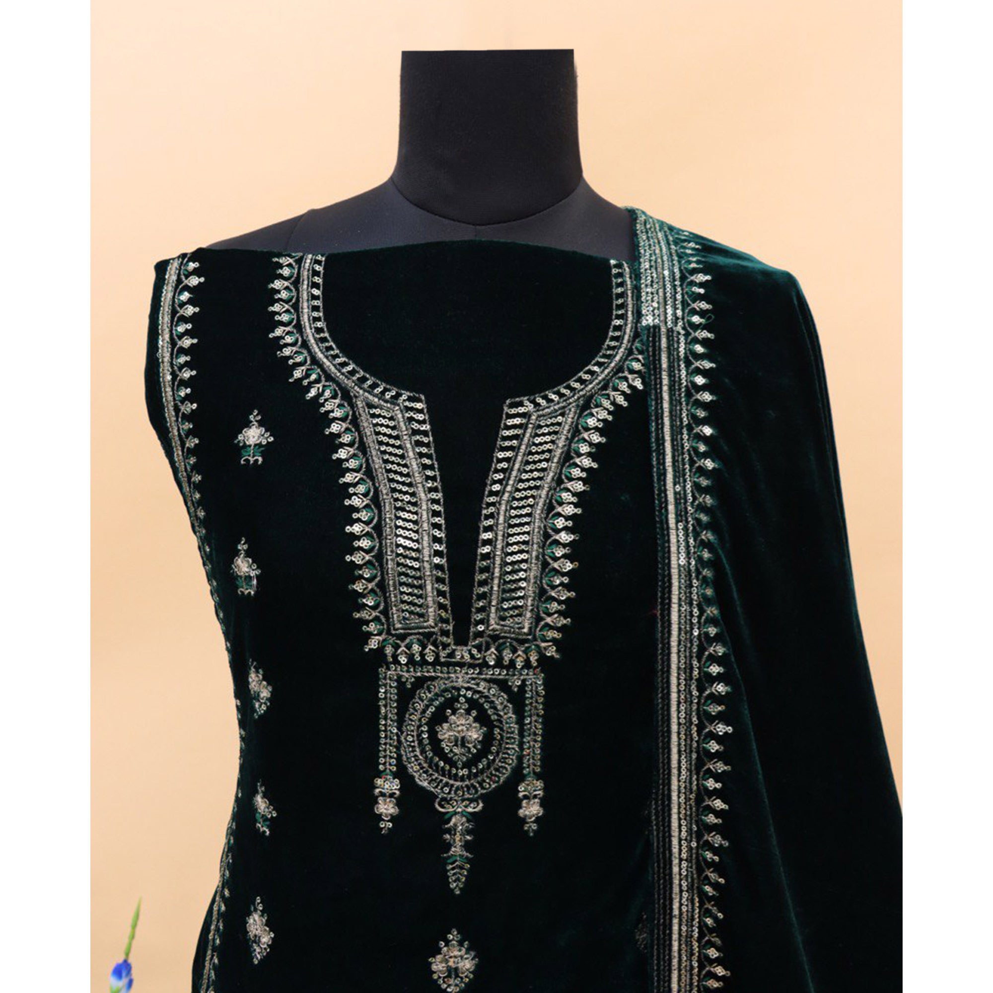 Green Embroidered Velvet Pakistani Suit