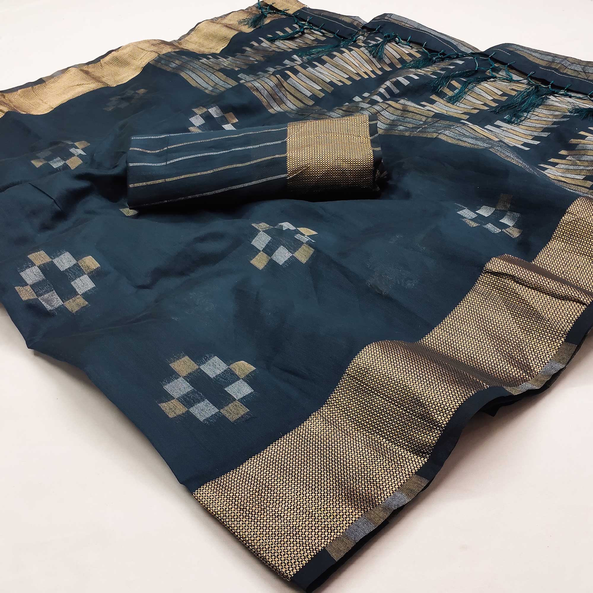 Blue Woven Khaadi Saree With Tassels