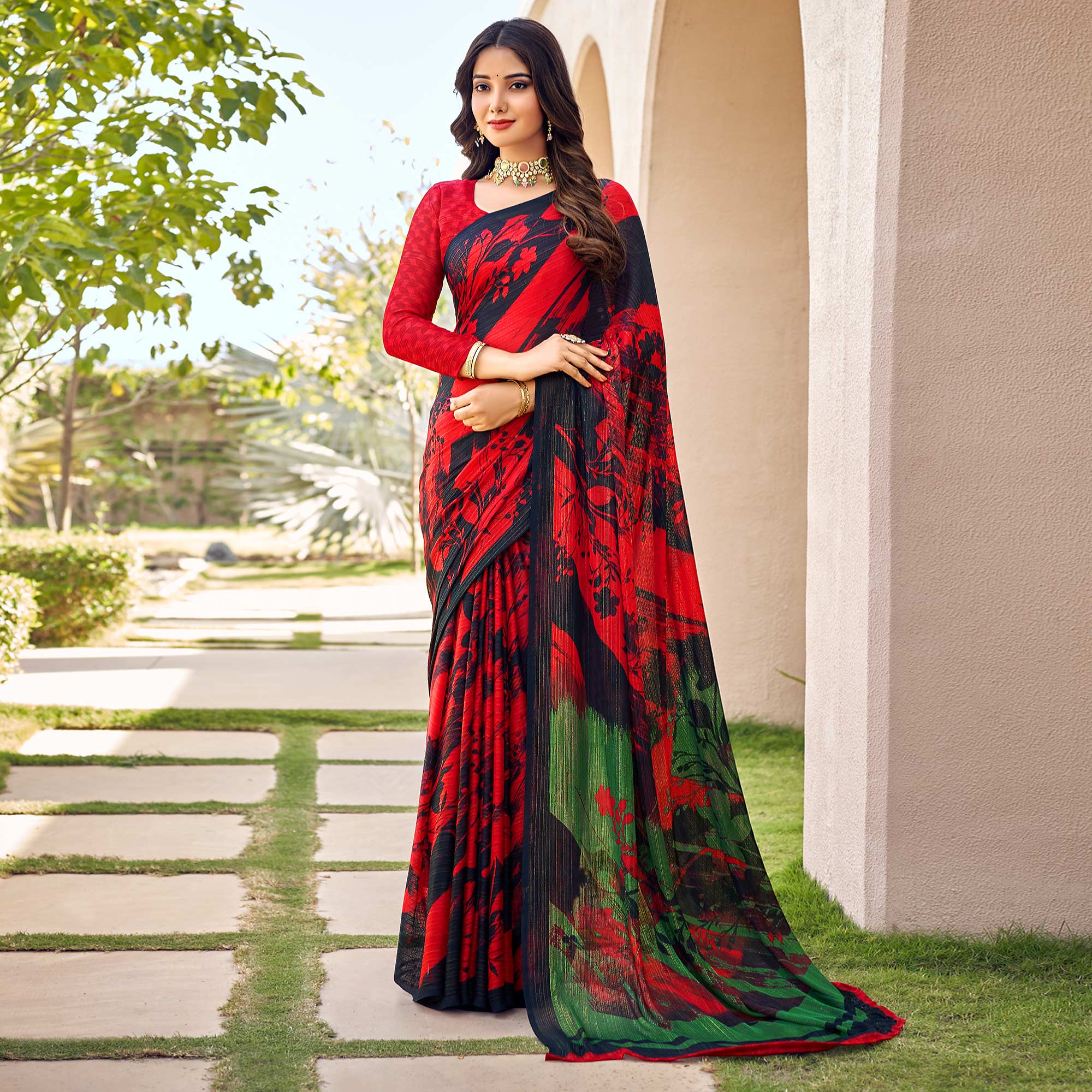 Red Black Printed Chiffon Saree