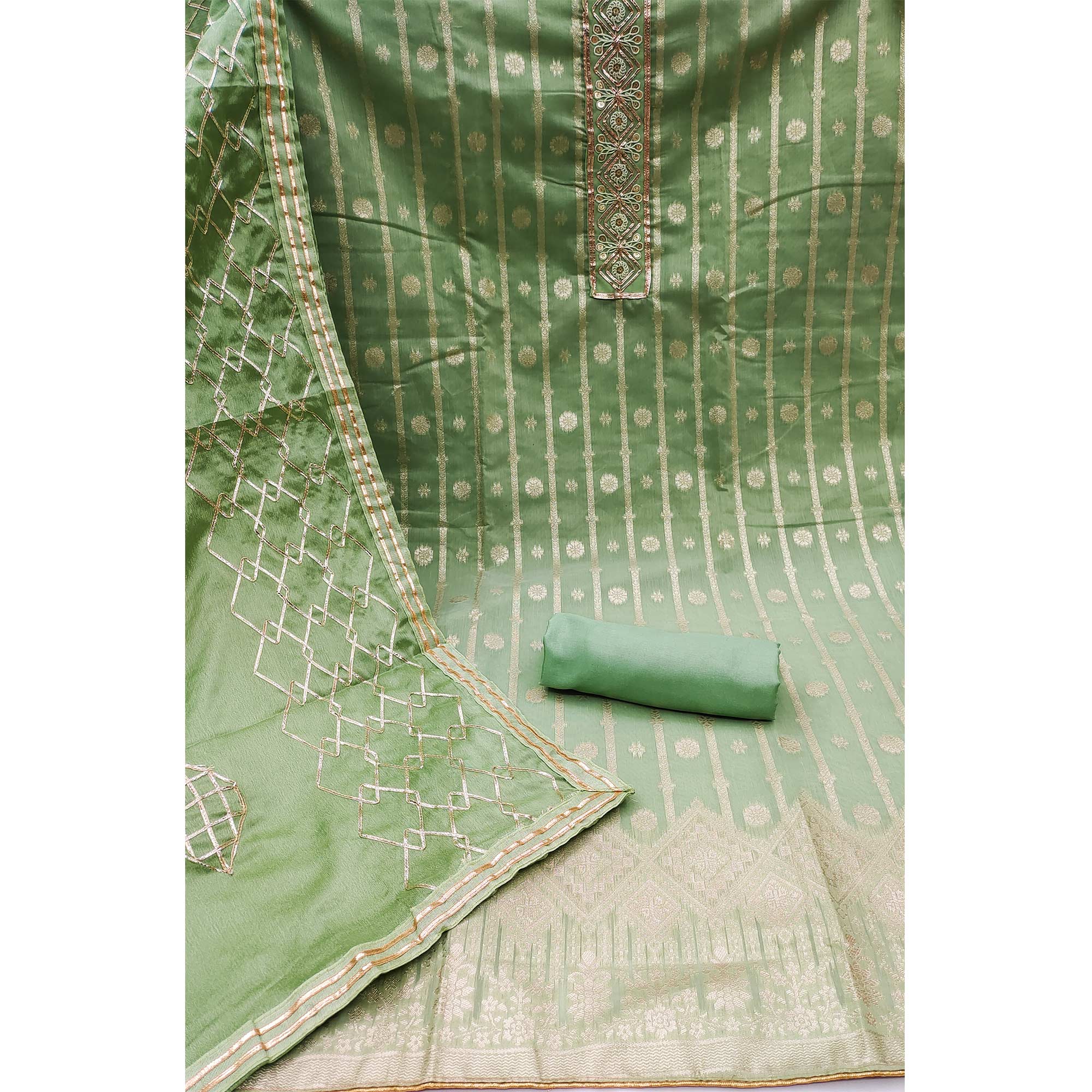 Green Floral Woven Banarasi Silk Dress Material