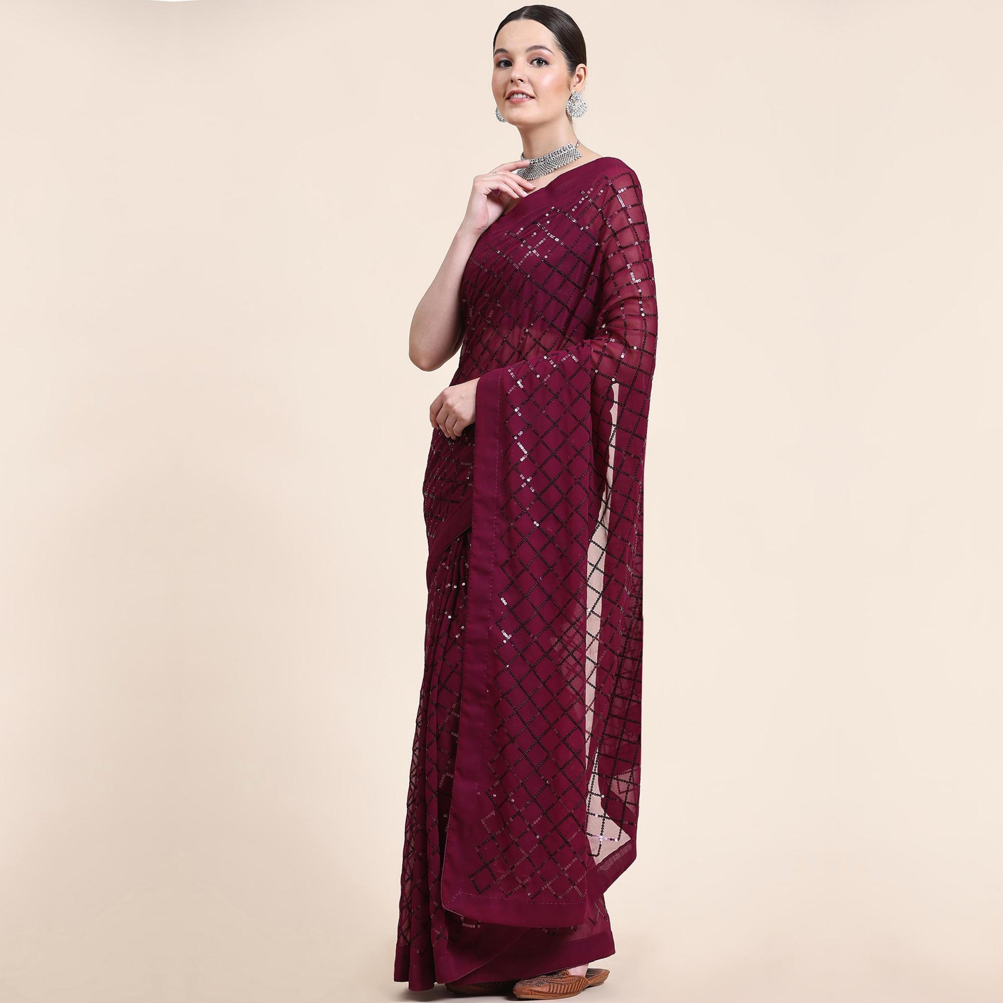 Wine Sequins Embroidered Georgette Saree