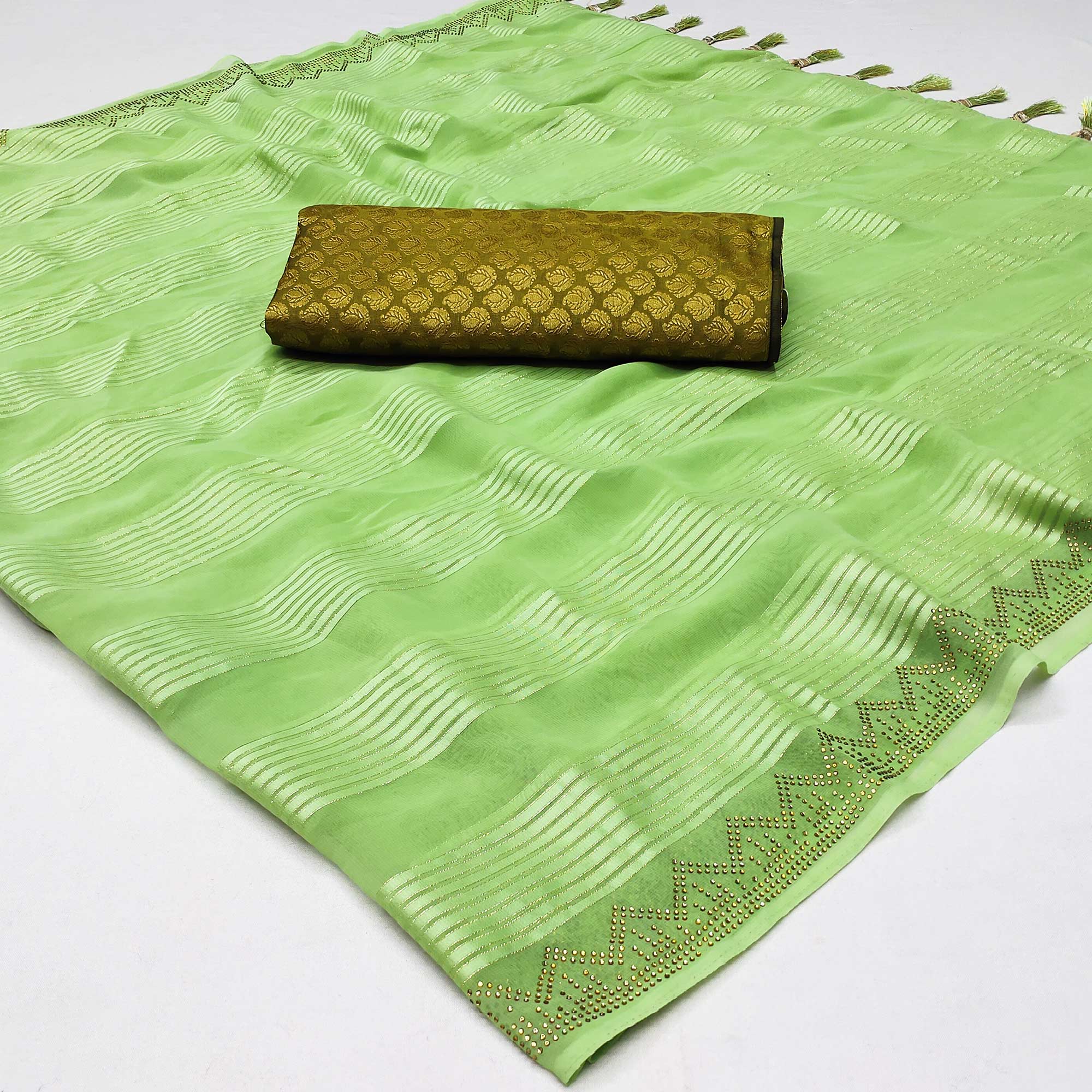 Green Striped With Stone Work Georgette Saree