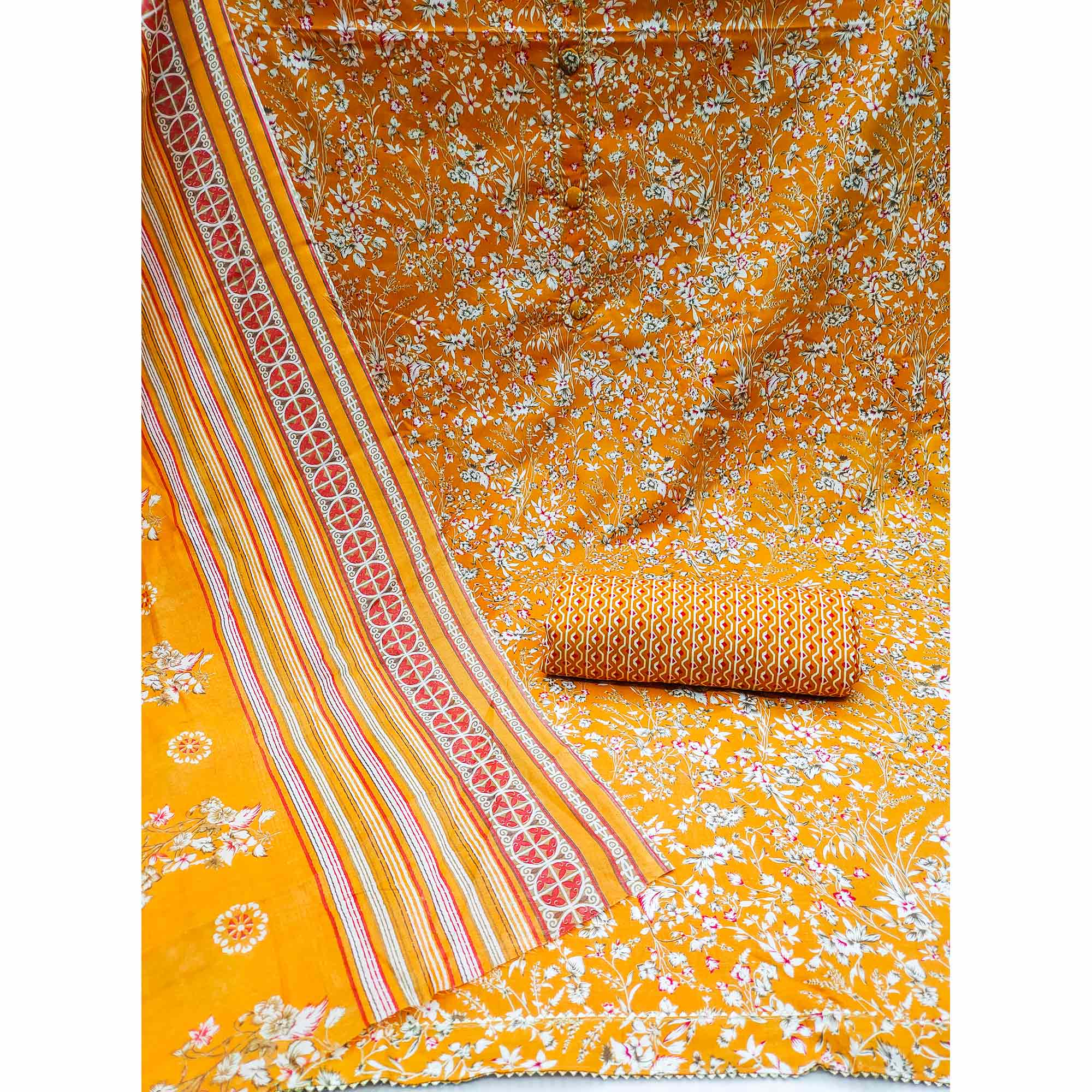 Mustard Floral Printed Cotton Blend Dress Material