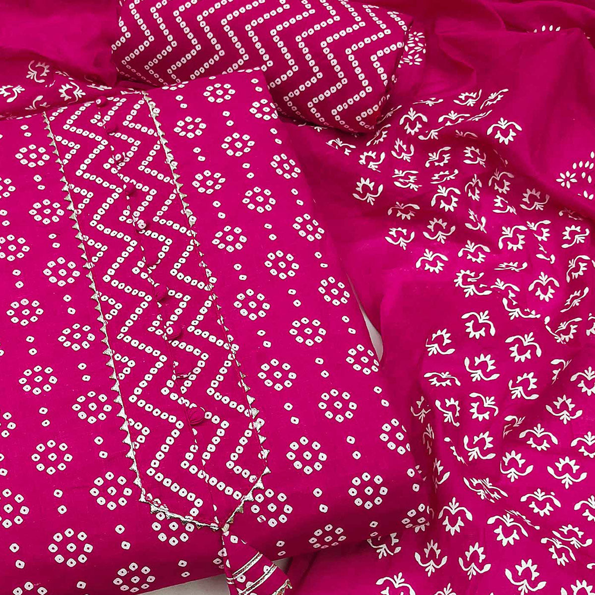 Pink Bandhani Printed Pure Cotton Dress Material
