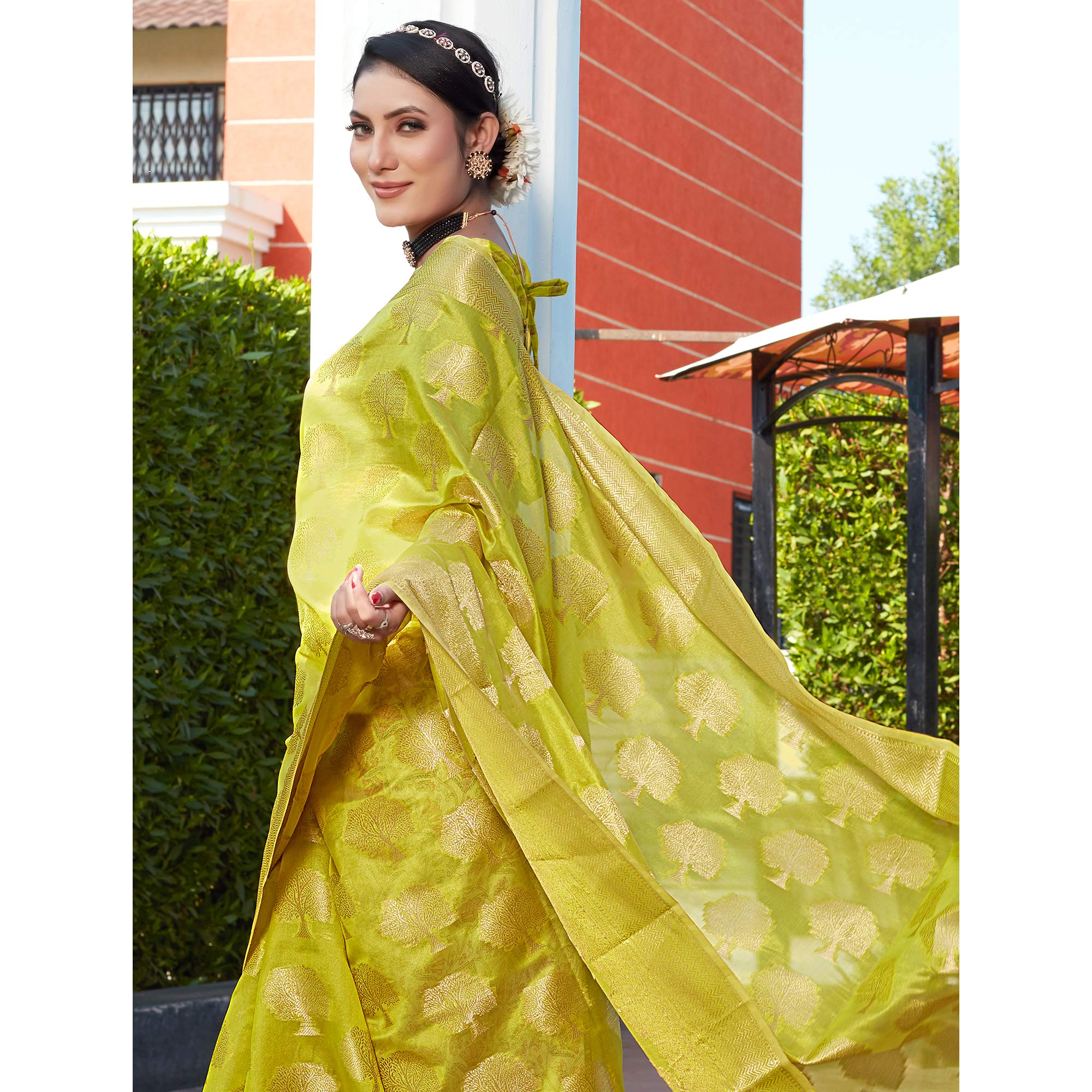 Lemon Green Woven Organza Saree