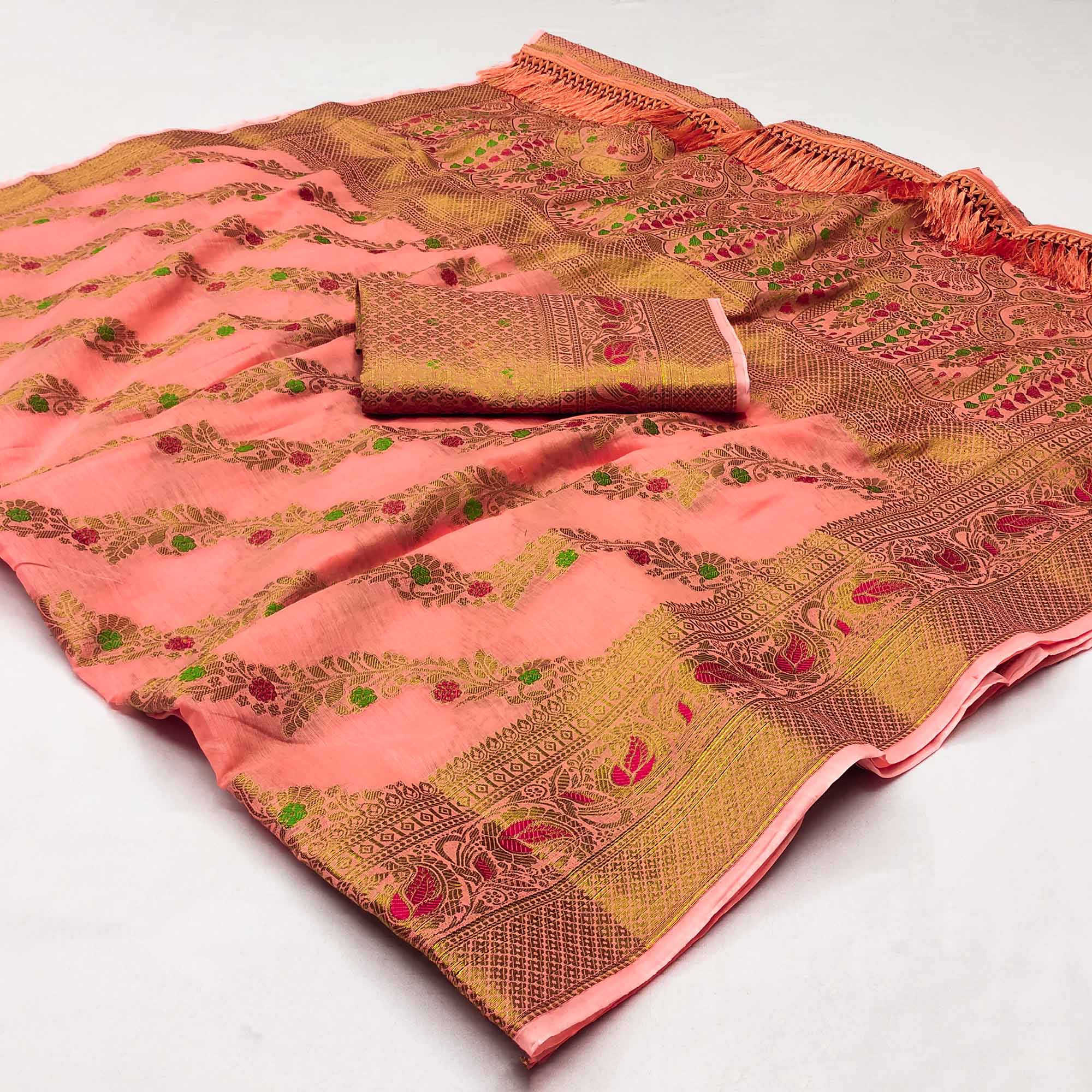 Peach Woven Cotton Blend Saree With Tassels