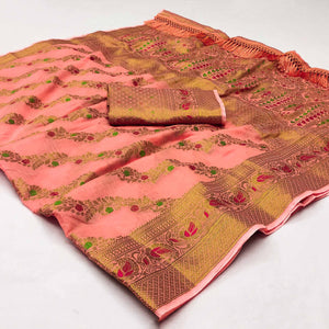 Peach Woven Cotton Blend Saree With Tassels