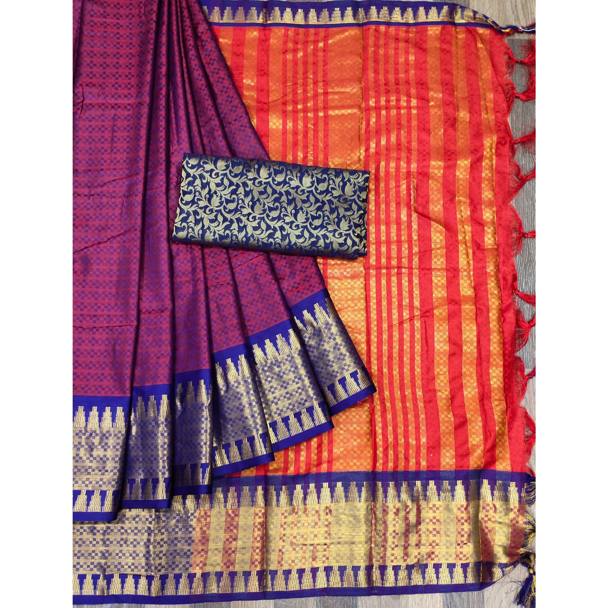 Purple Woven Cotton Silk Saree With Tassels