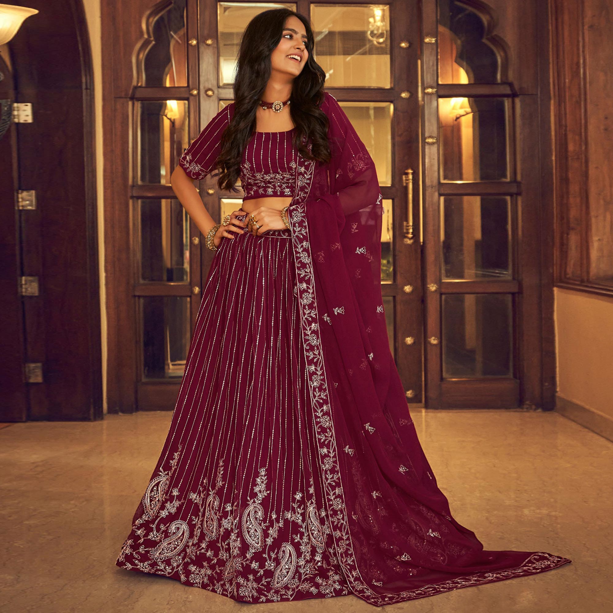 Wine Sequins Embroidered Georgette Lehenga Choli