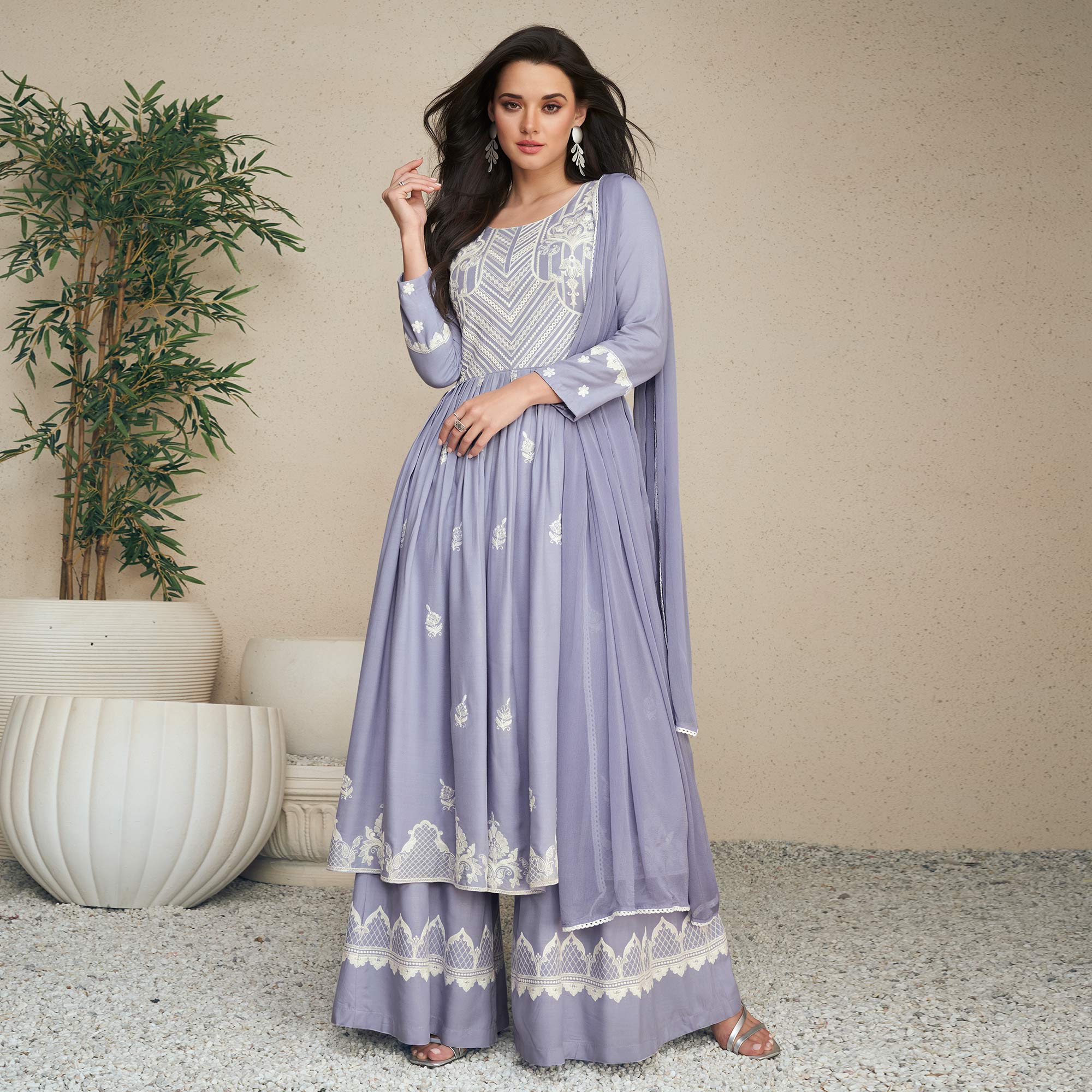 Light Purple Lucknowi Embroidered Rayon Palazzo Suit