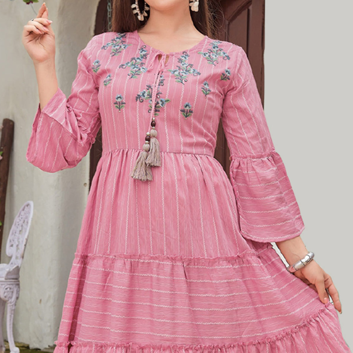 Pink Floral Embroidered Rayon Dress