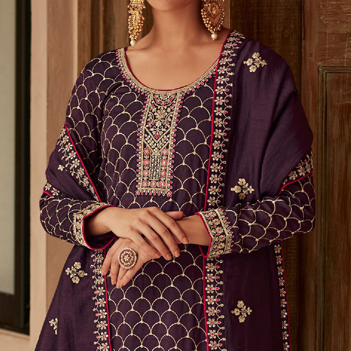 Wine Floral Embroidered Art Silk Palazzo Suit