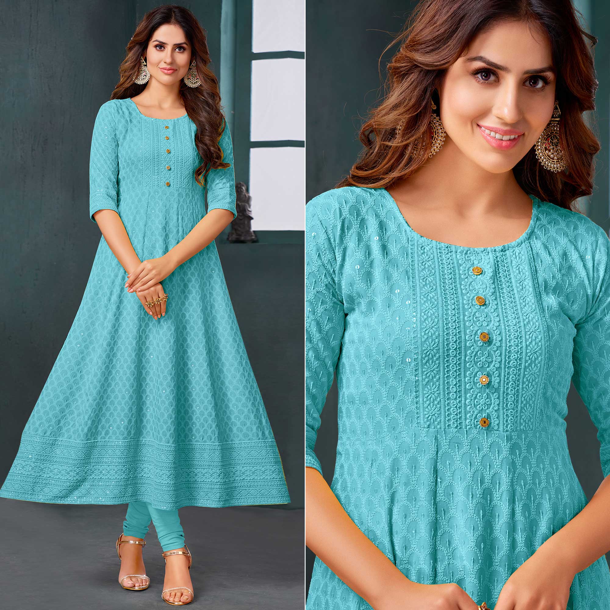 Blue Chikankari Work Aanarkali Style Rayon Kurti