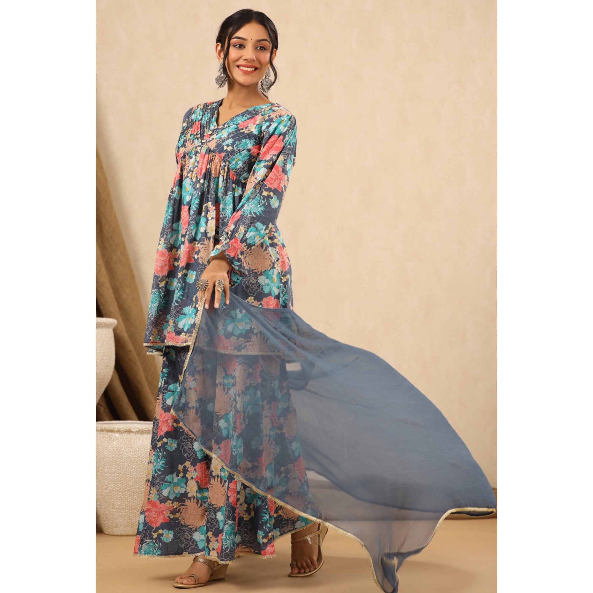 Grey Floral Printed Muslin Sharara Suit