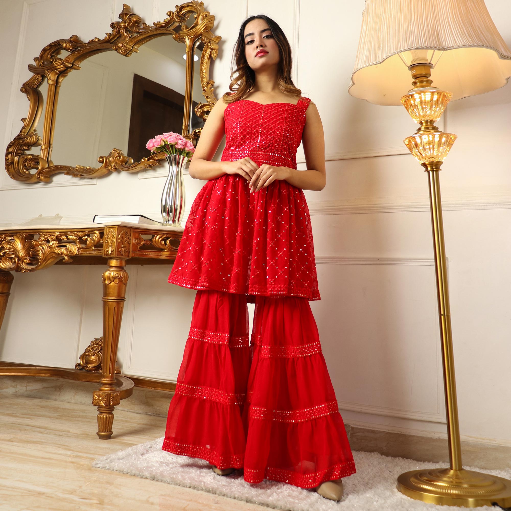 Red Sequins Embroidered Georgette Sharara Suit