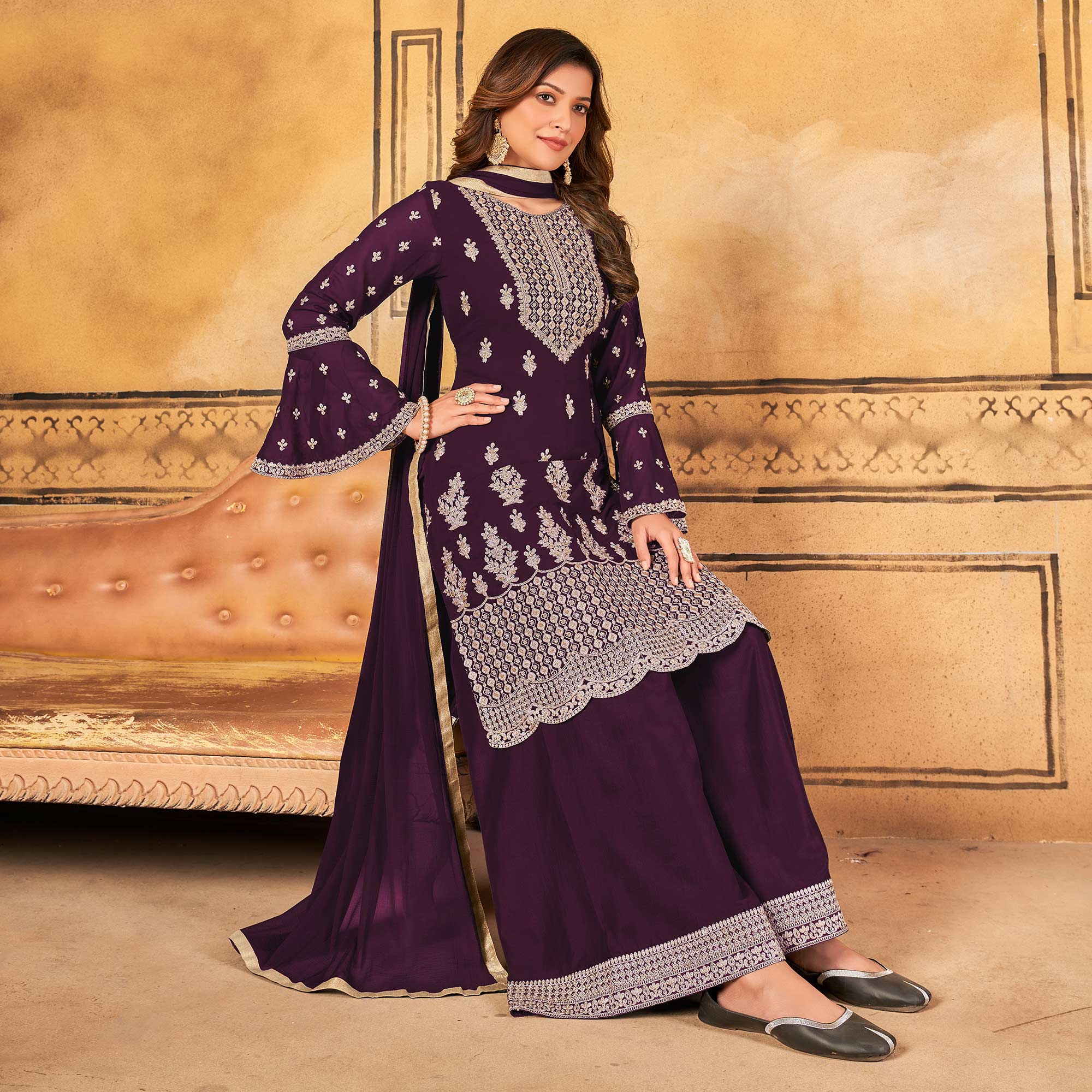 Wine Floral Embroidered Georgette Palazzo Suit