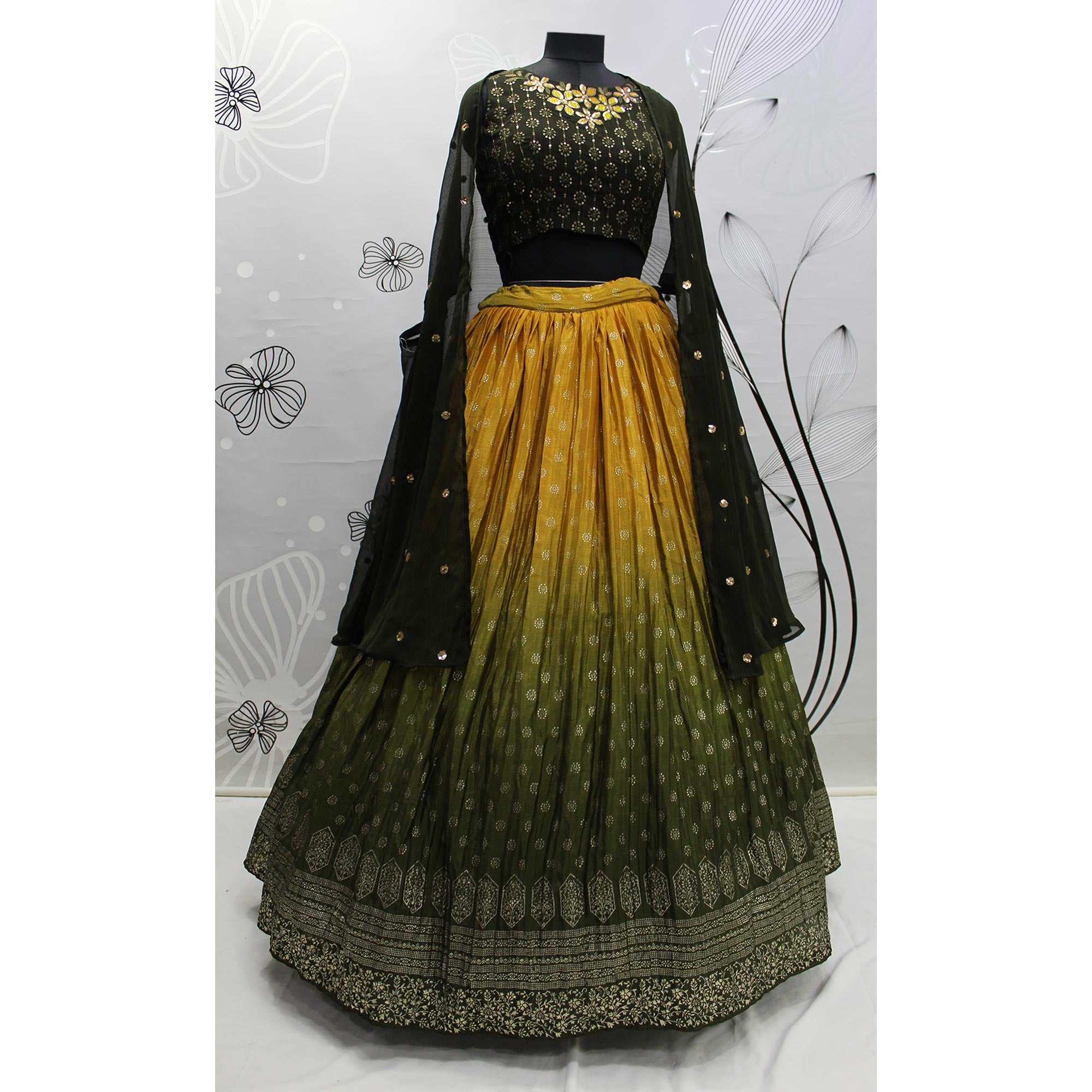 Mustard & Olive Foil Printed Chiffon Lehenga Choli