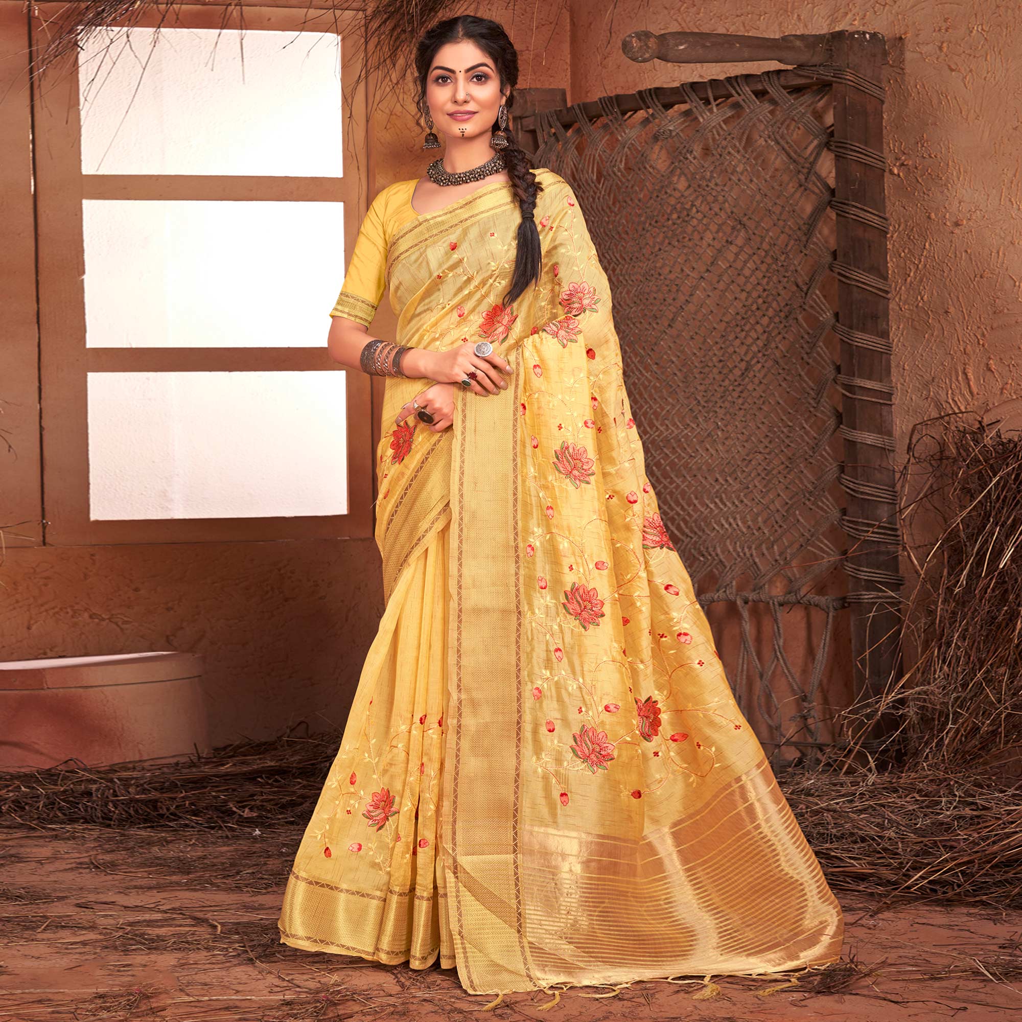 Yellow Embroidered With Woven Border Organza Saree