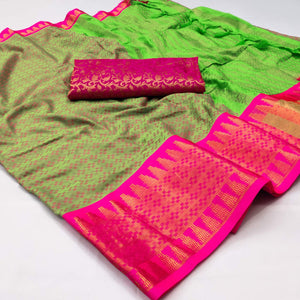 Parrot Green Woven Cotton Silk Saree With Tassels