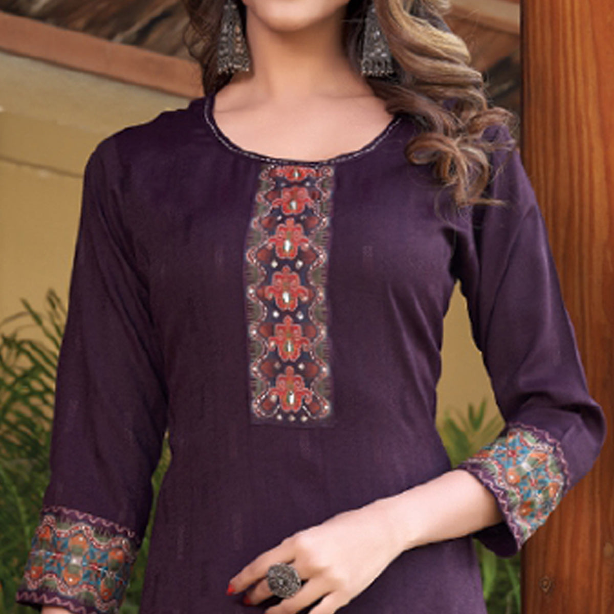 Purple Embroidered Rayon Kurti With Dupatta