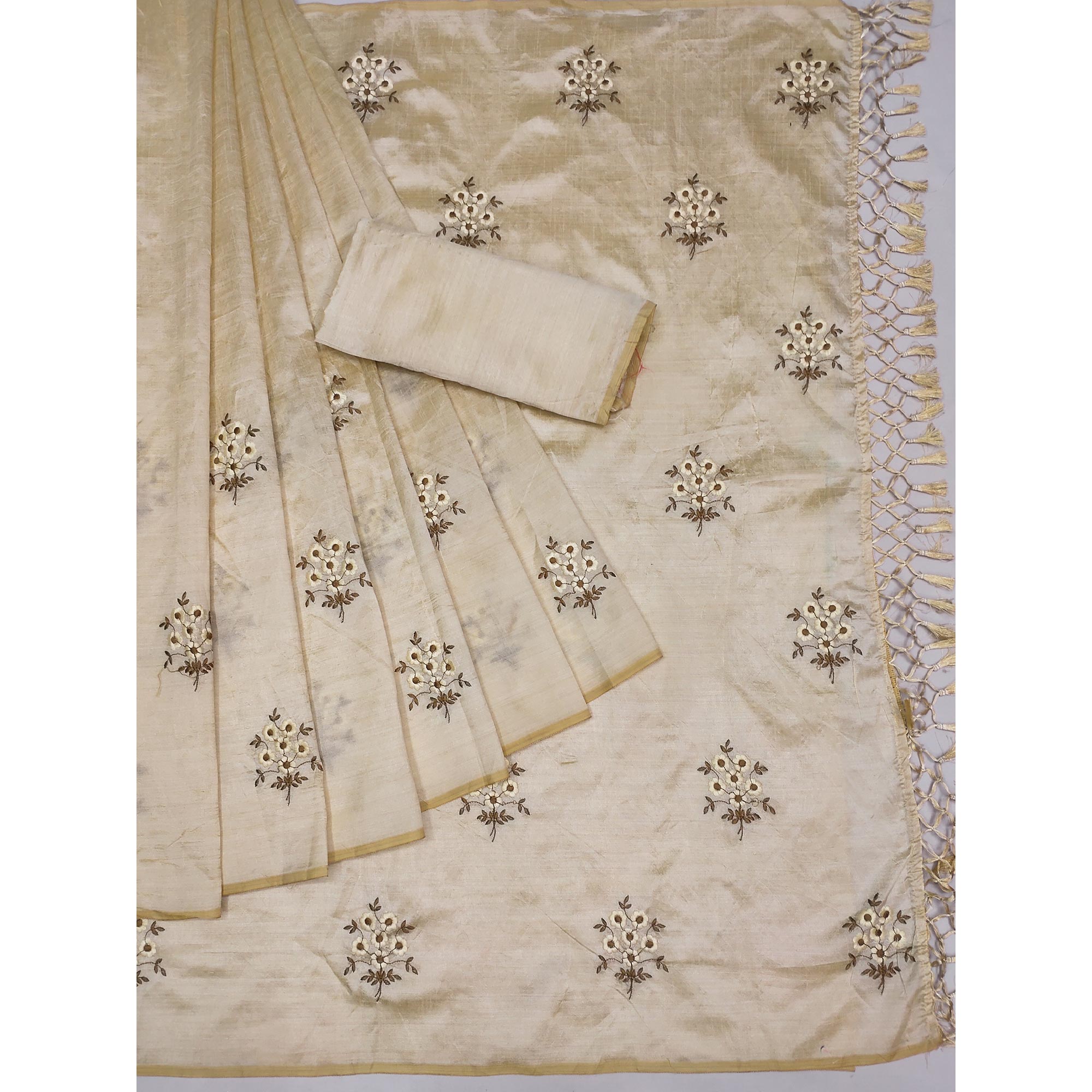 Cream Floral Embroidered Khaadi Saree