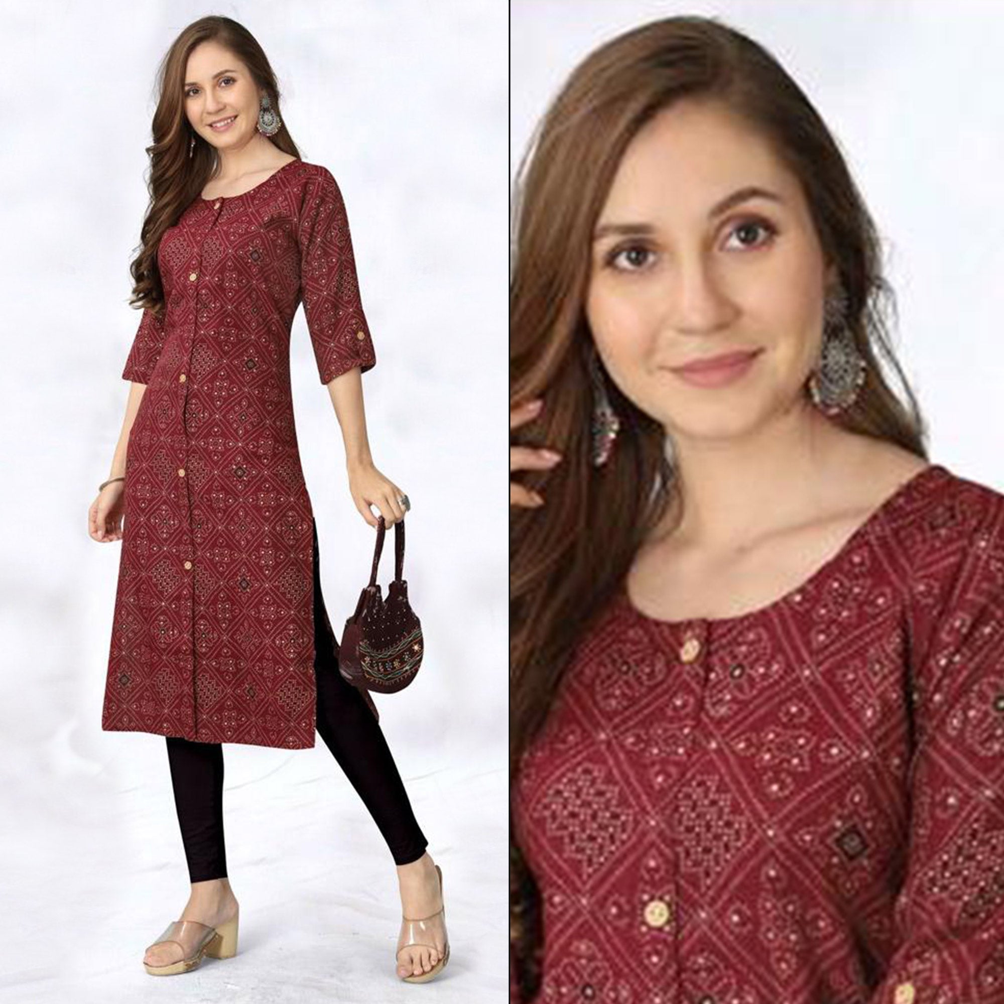 Maroon Foil Printed Rayon Kurti