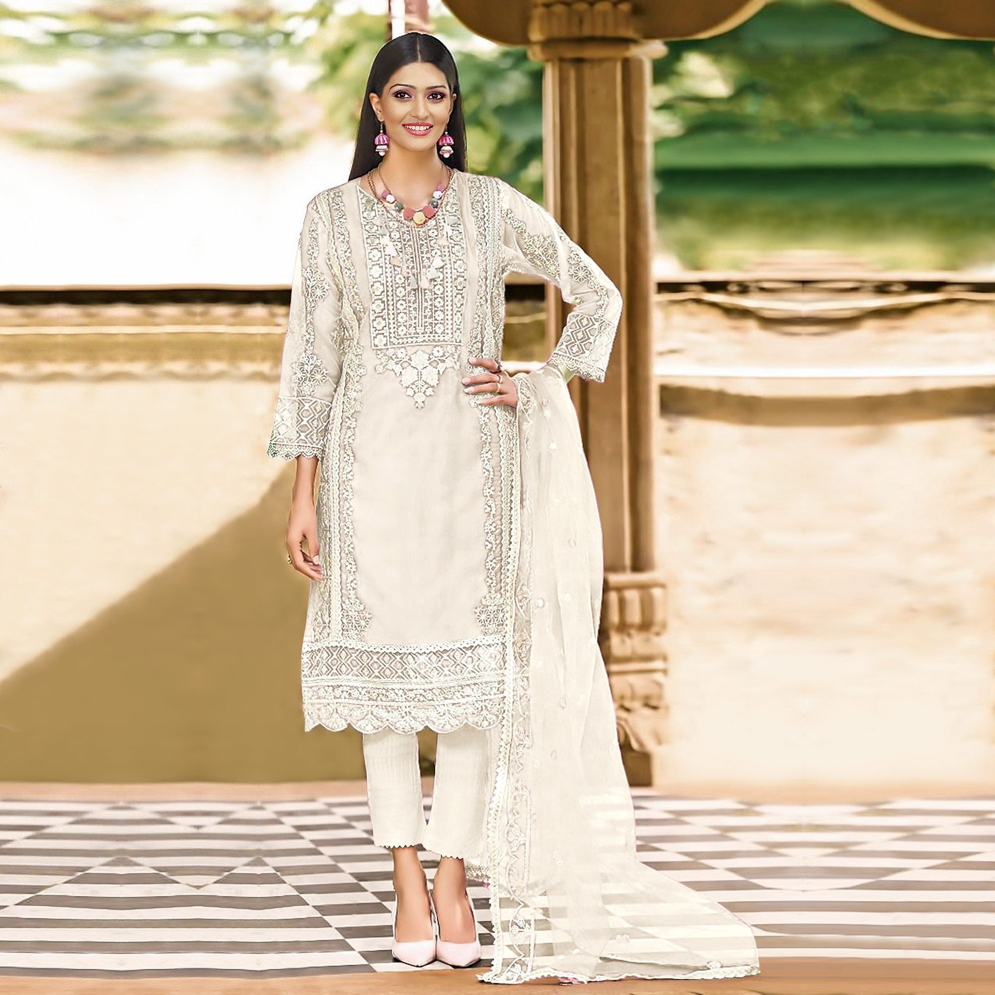 White Floral Embroidered Organza Pakistani Suit