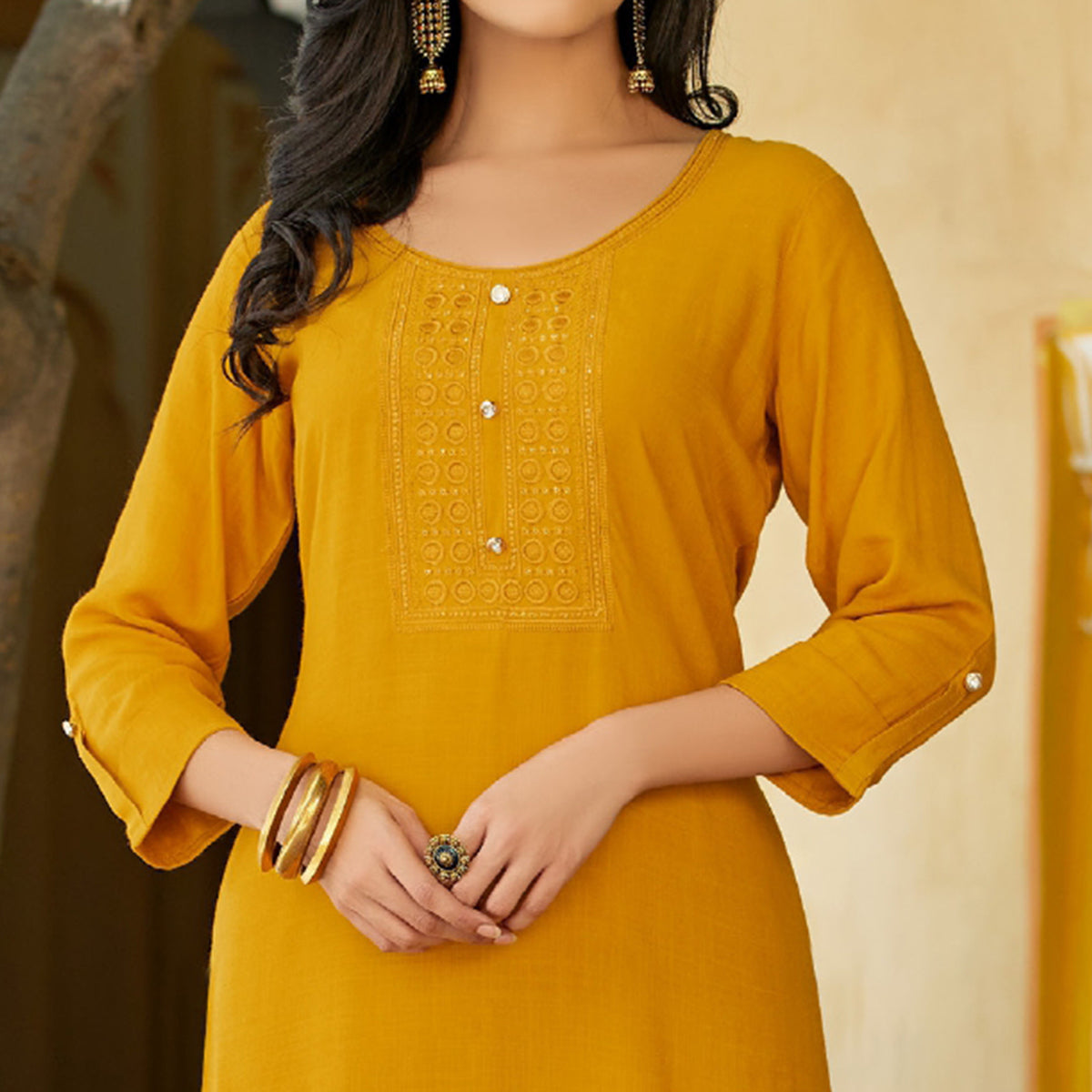 Mustard Embroidered Rayon Kurti