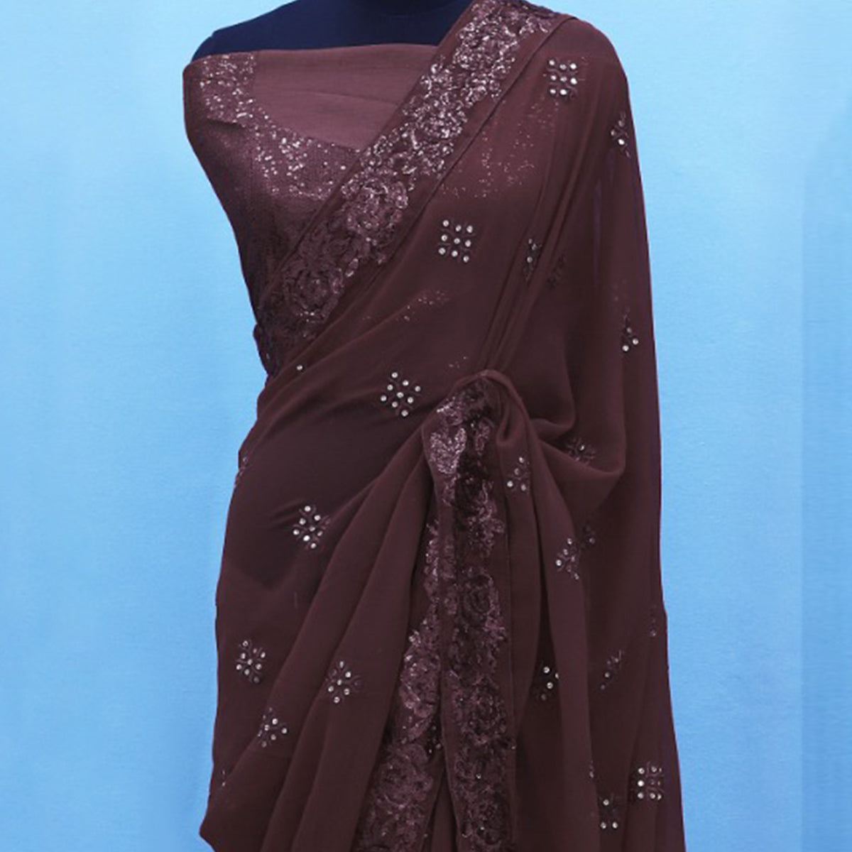 Brown Sequins Emroidered Georgette Saree