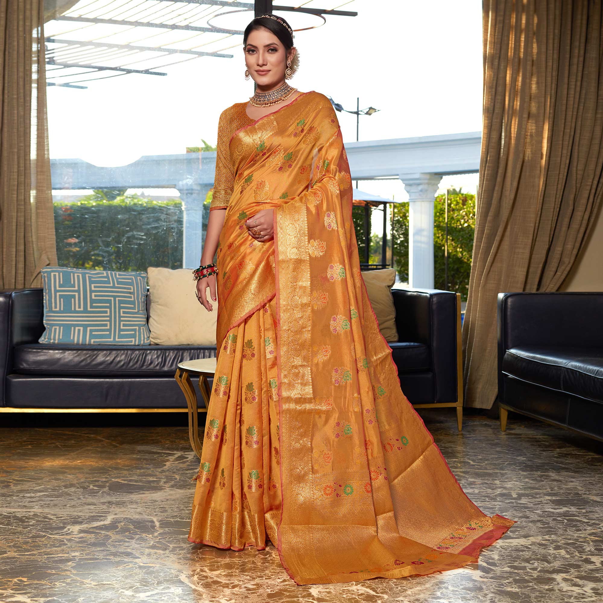 Mustard Floral Woven Organza Saree