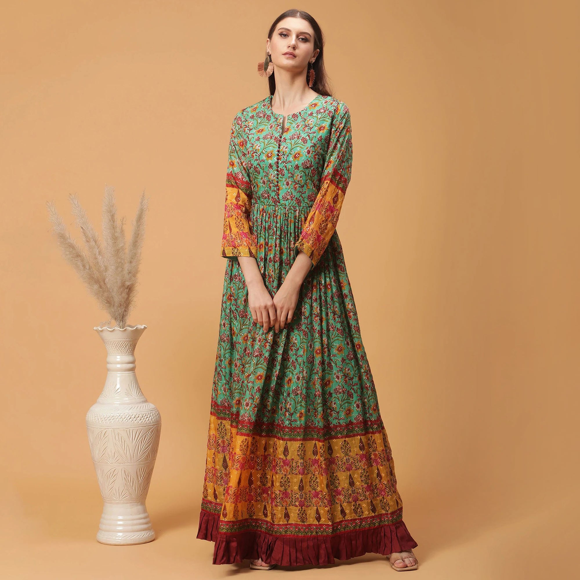 Green Digital Printed Dola Silk Gown