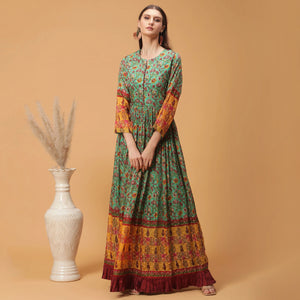 Green Digital Printed Dola Silk Gown