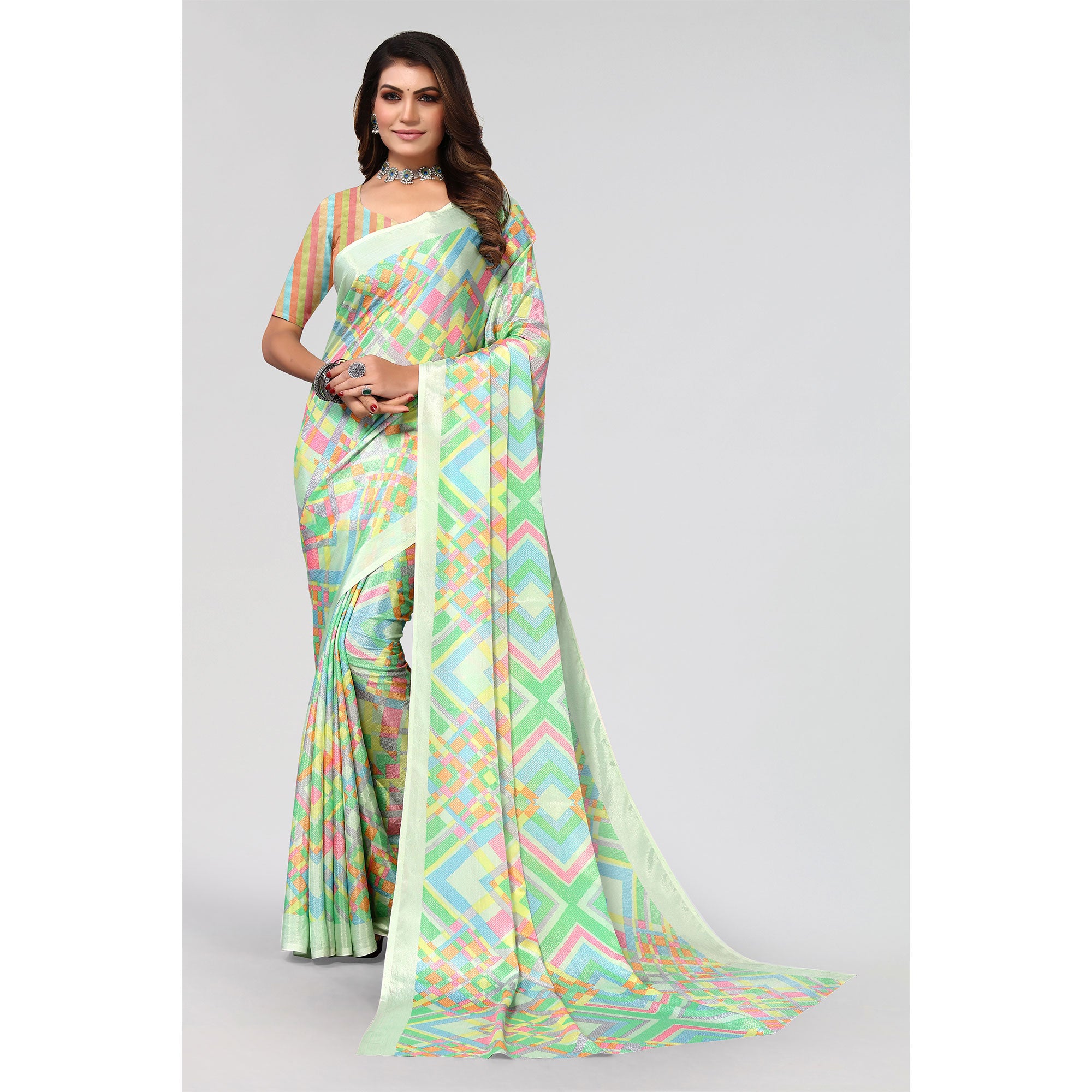 Sea Green Geometric Printed Chiffon Saree