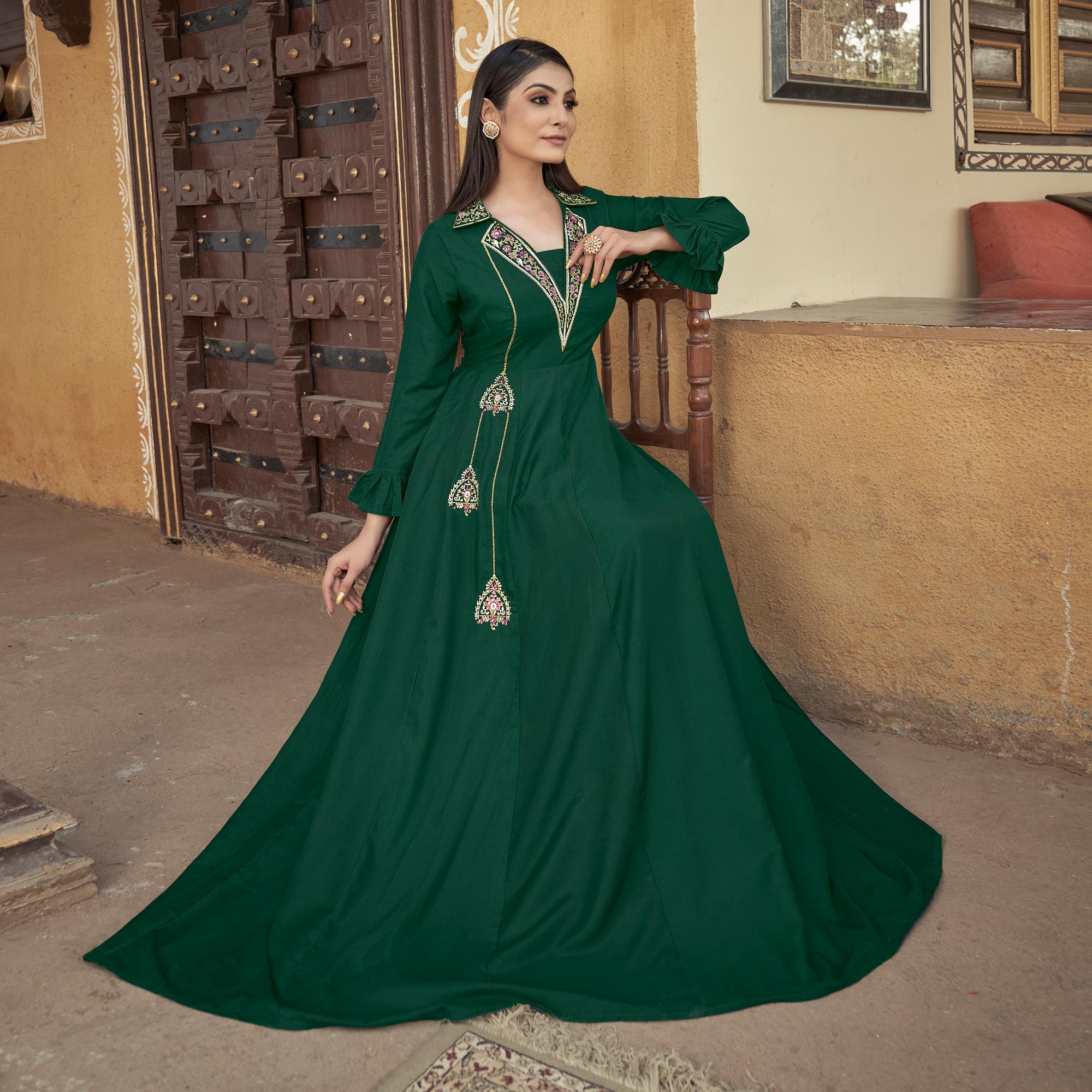 Green Floral Embroidered Muslin Gown