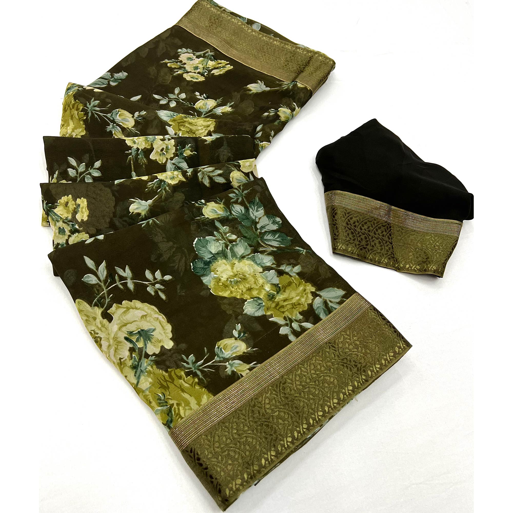 Mehendi Green Floral Printed Georgette Saree