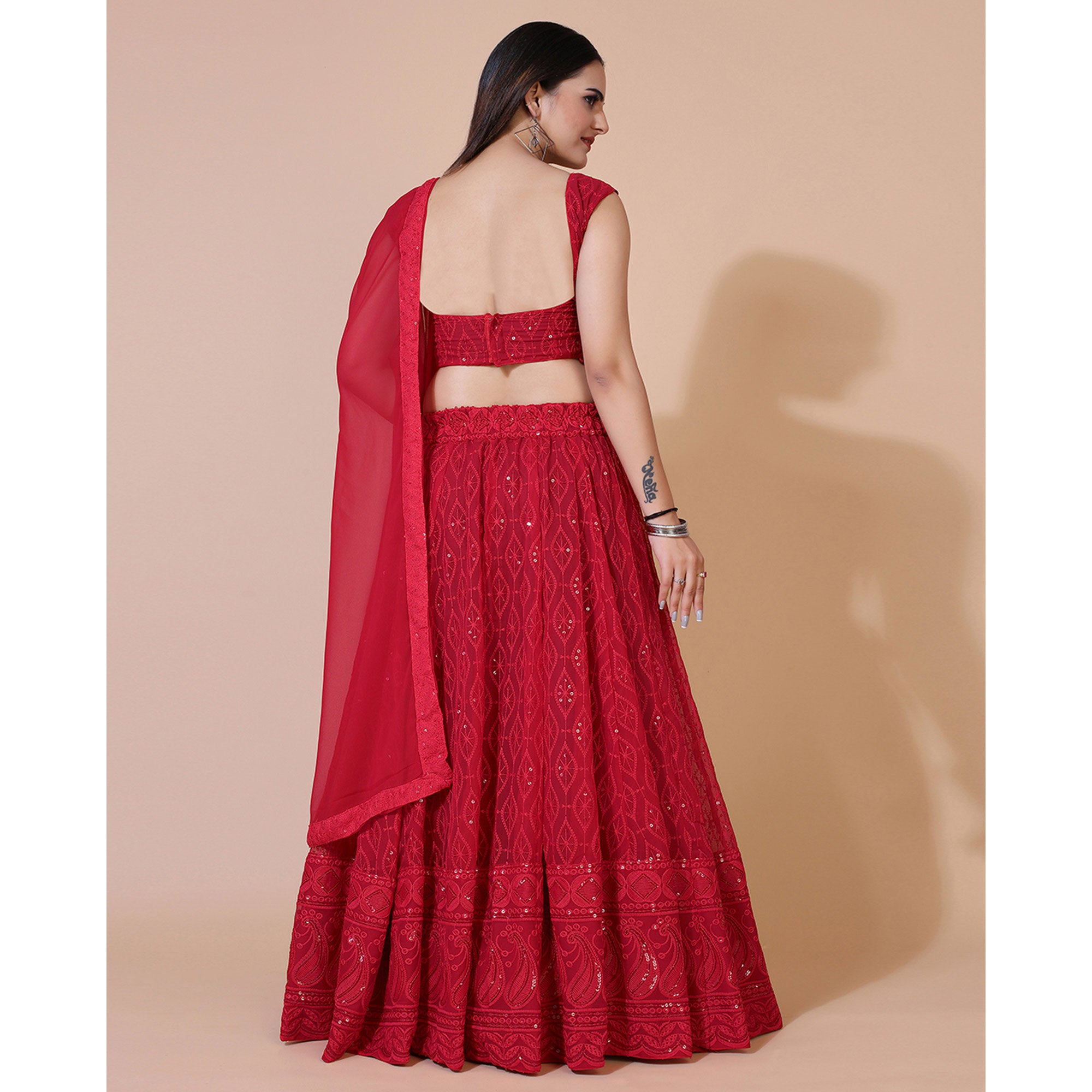 Dark Red Lucknowi Chikankari Work Georgette Lehenga Choli