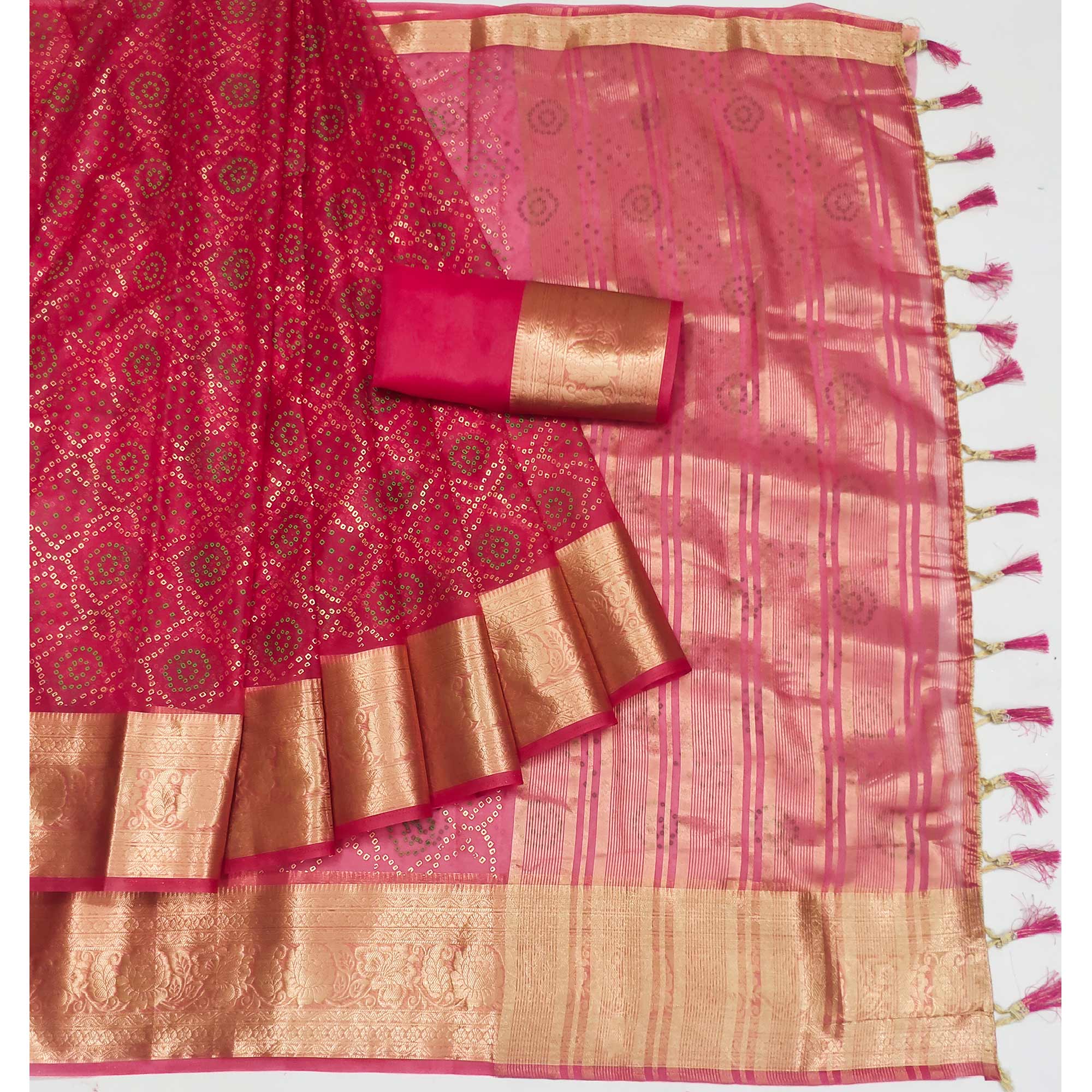 Pink Bandhani Printed Organza Saree With Tassels