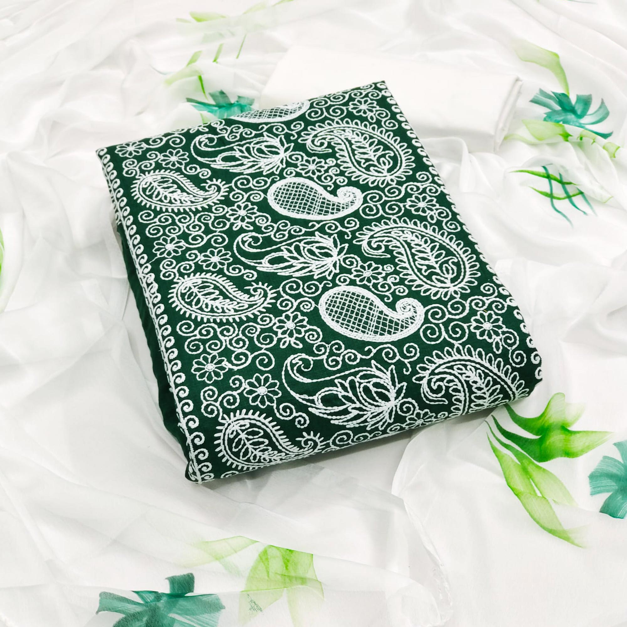 Green Embroidered Cotton Blend Dress Material