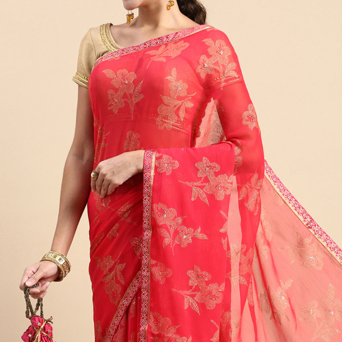 Pink Floral Foil Printed Zomato Saree