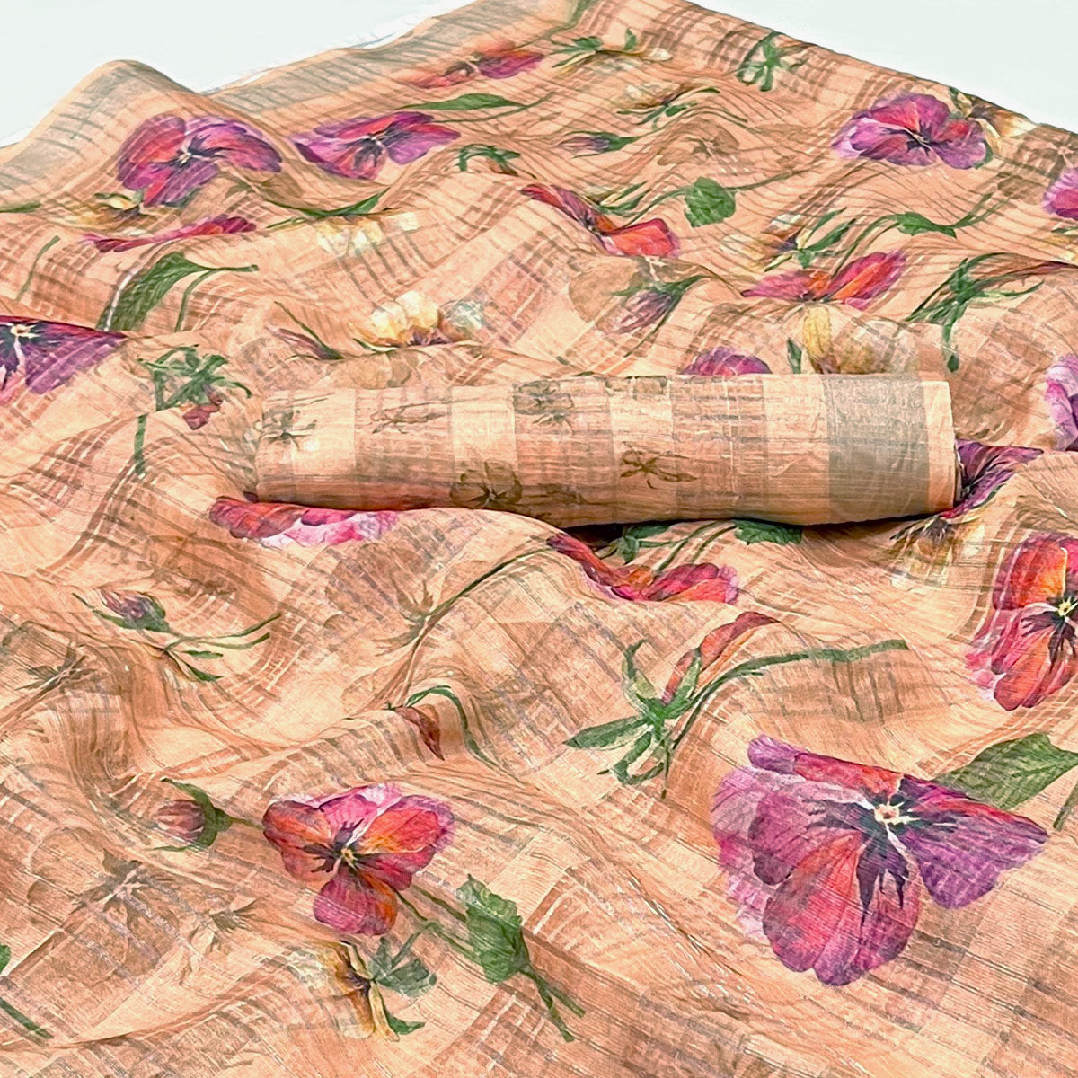 Light Peach Floral Digital Printed Cotton Silk Saree