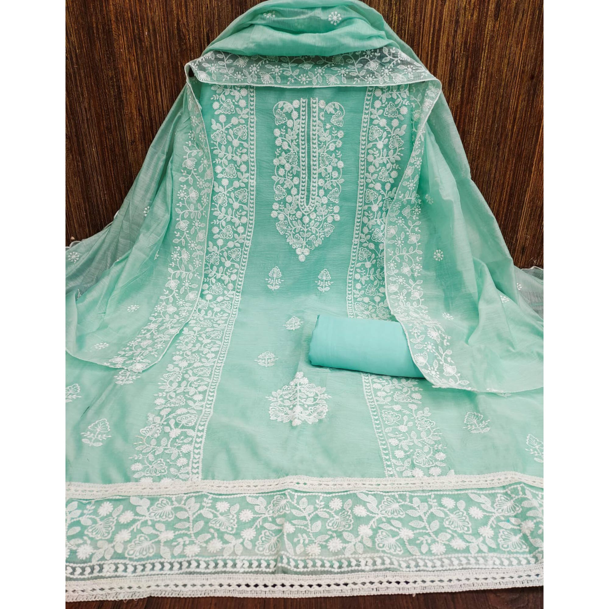 Sea Green Floral Embroidered Chanderi Dress Material