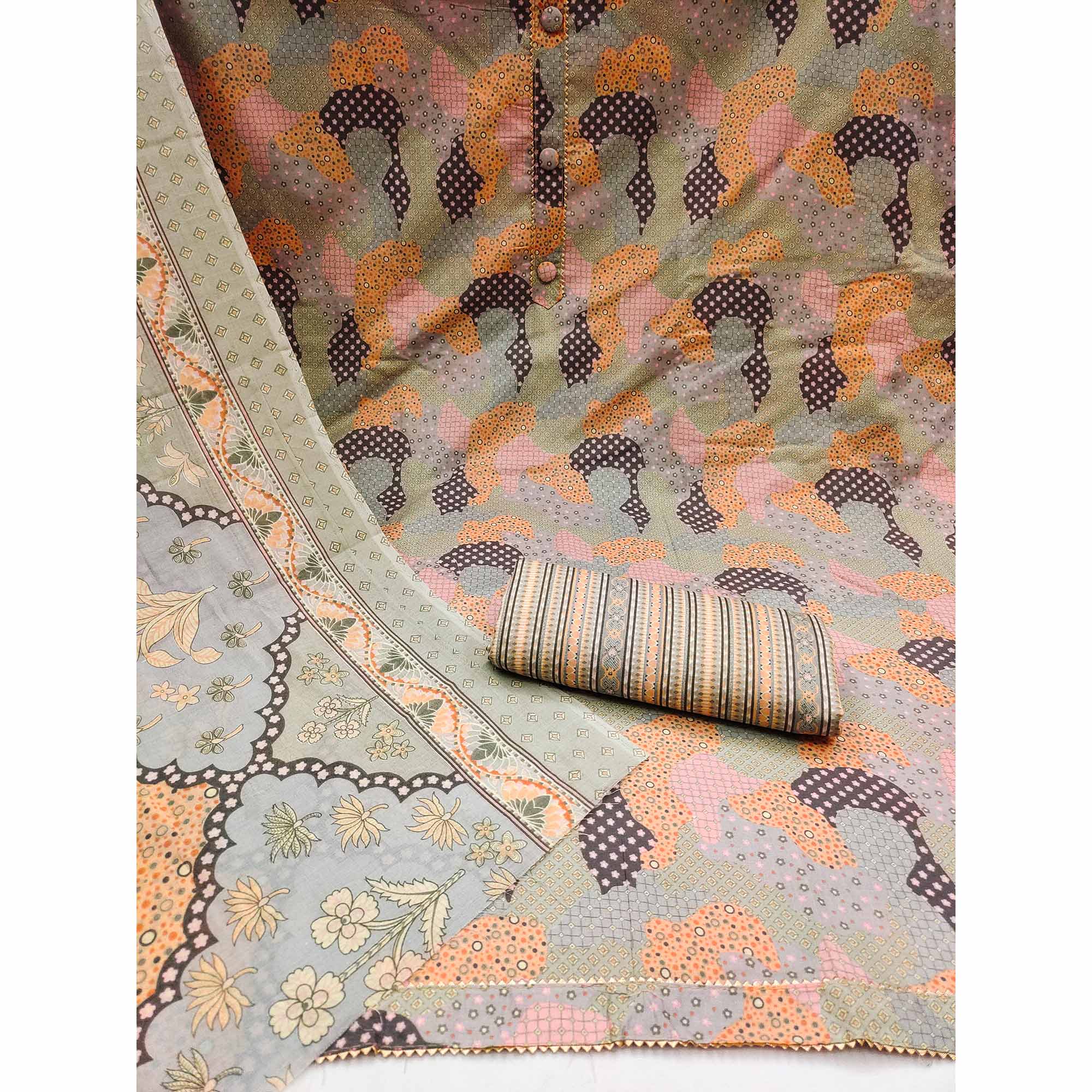 Grey Printed Cotton Blend Dress Material