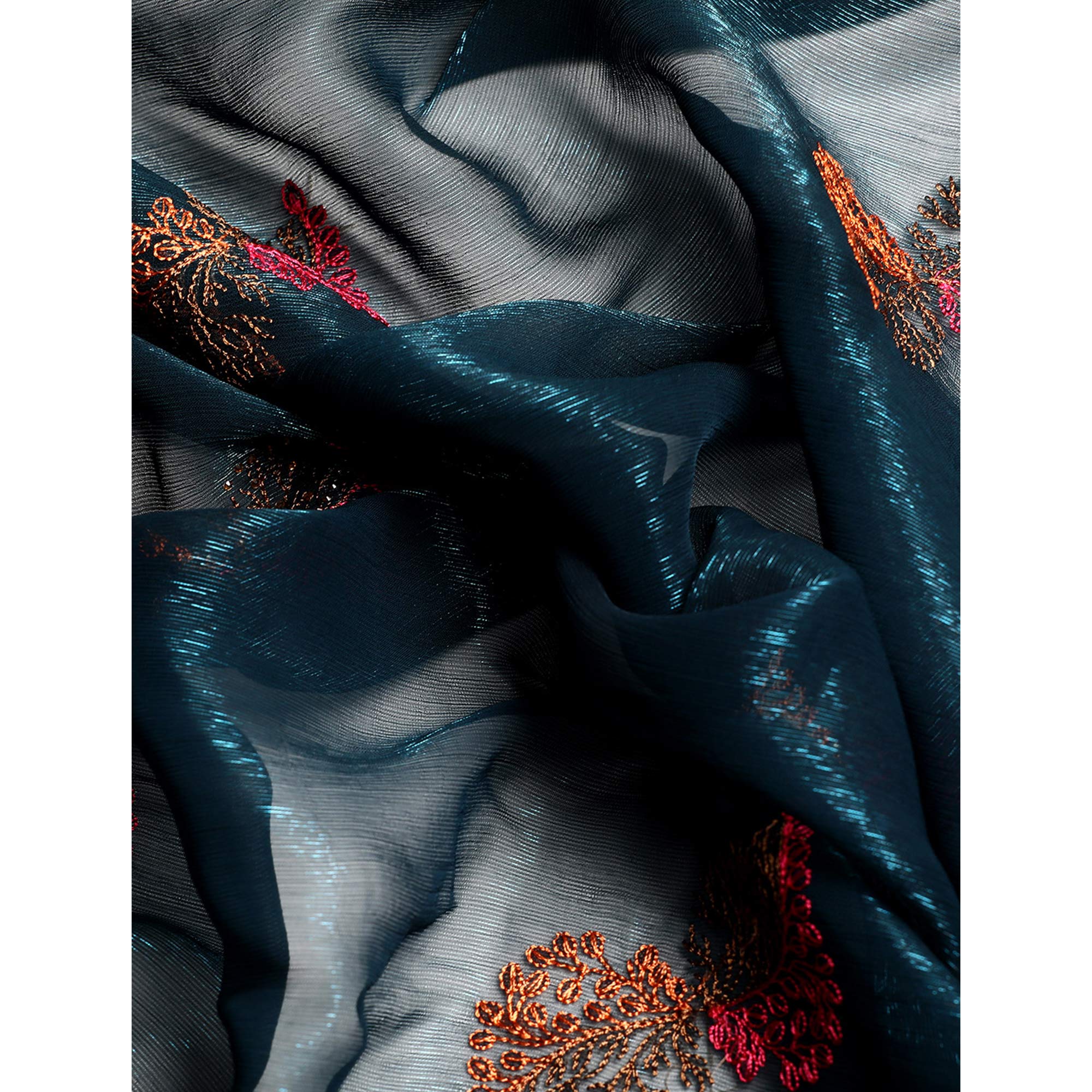 Blue Swarovski With Embroidery Work Chiffon Saree