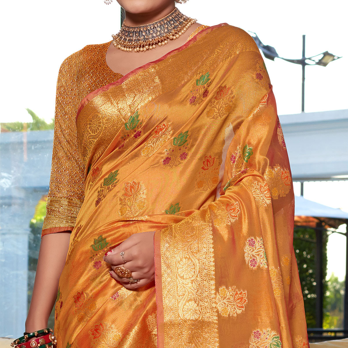 Mustard Floral Woven Organza Saree