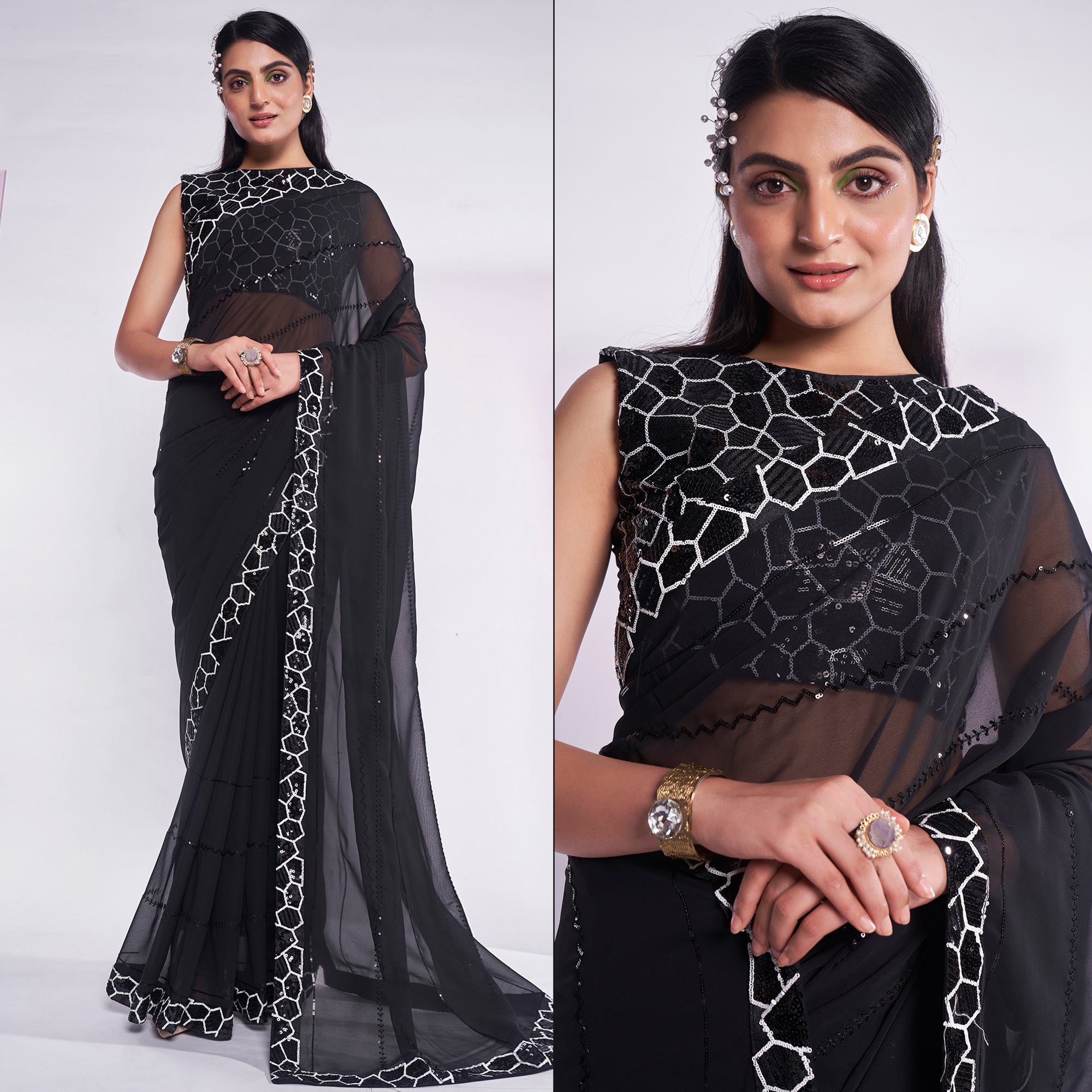 Black Sequins Embroidered Georgette Saree