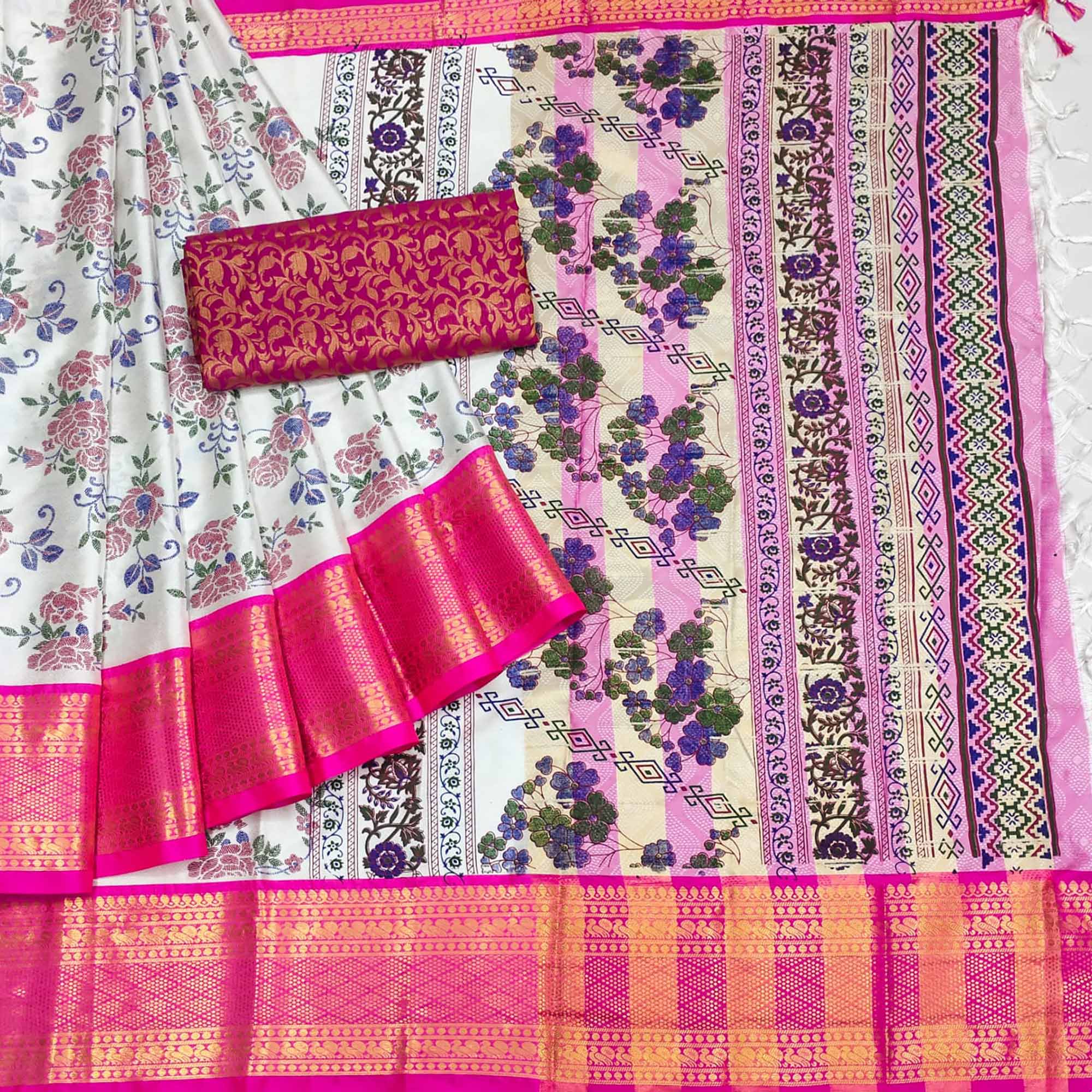 White And Rani Pink Floral Printed With Woven Cotton Silk Saree